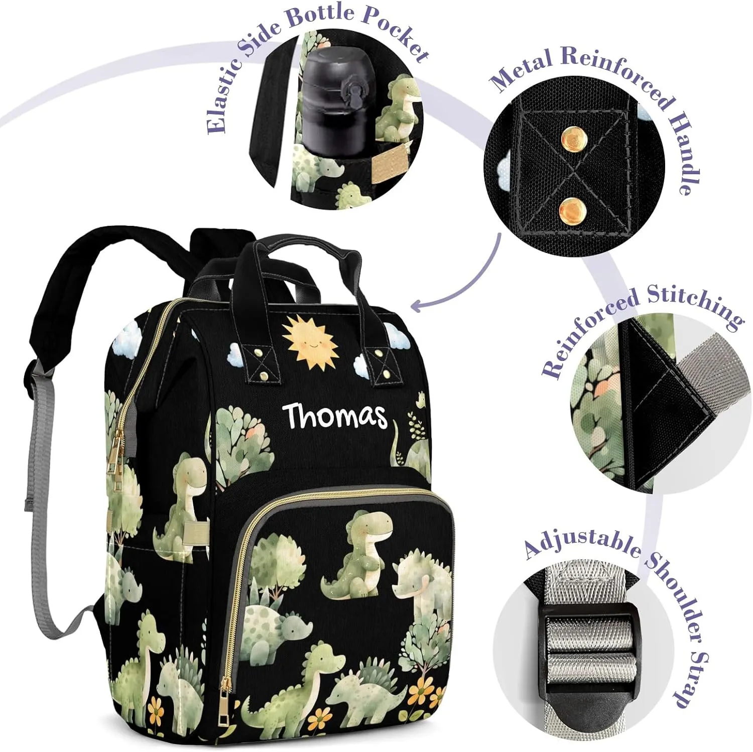 Cute Tropical Dinosaur Large Capacity Custom Diaper Bag for Baby Boy Girl Waterproof Personalized Name Diaper Bag Backpack with Multi-Pocket Customized Mom Travel Daypack for Baby Essentials