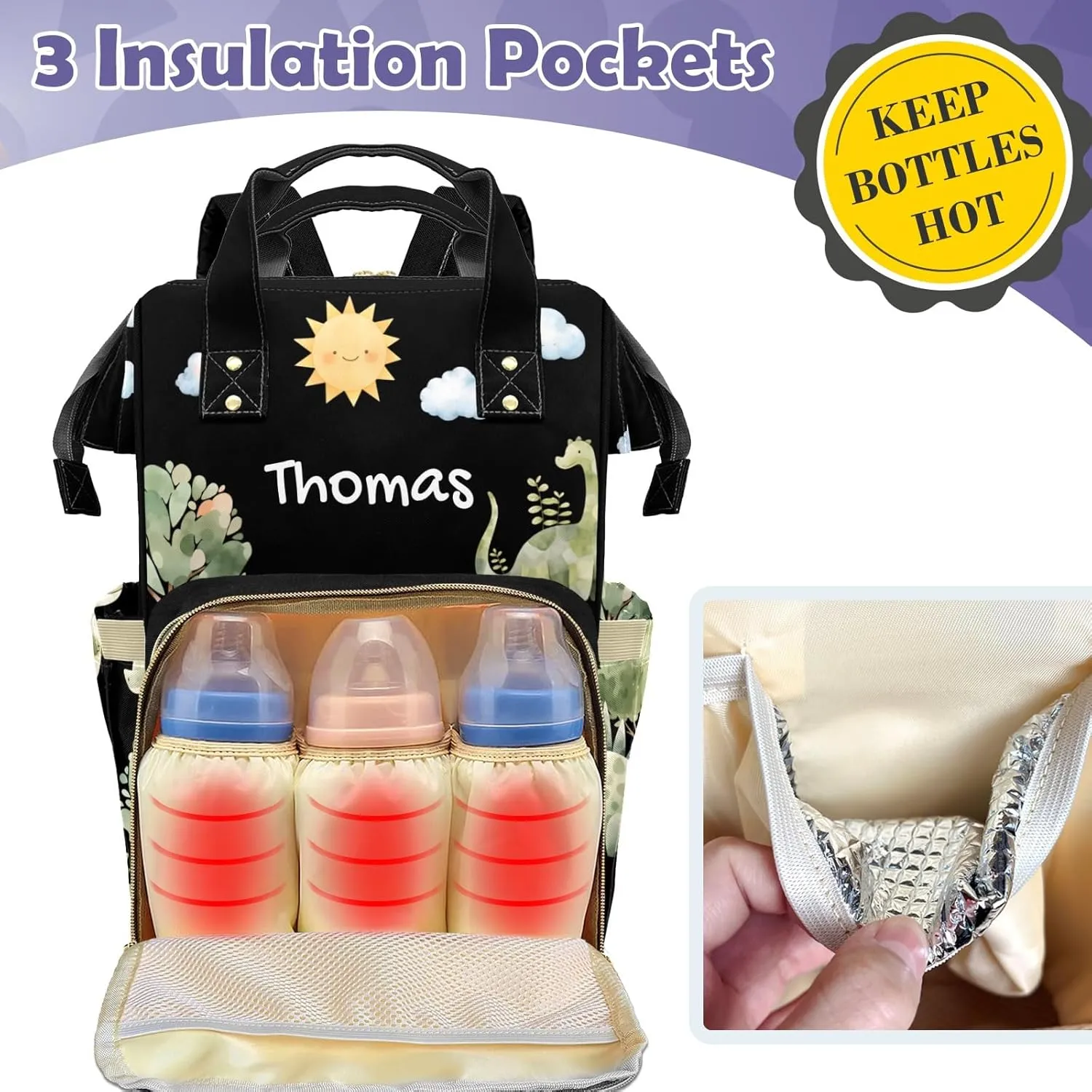 Cute Tropical Dinosaur Large Capacity Custom Diaper Bag for Baby Boy Girl Waterproof Personalized Name Diaper Bag Backpack with Multi-Pocket Customized Mom Travel Daypack for Baby Essentials