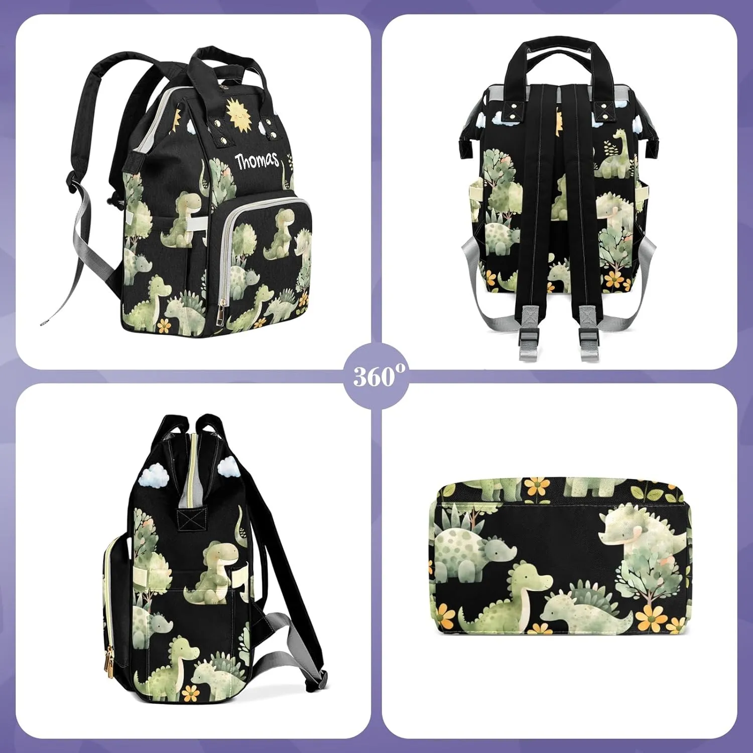 Cute Tropical Dinosaur Large Capacity Custom Diaper Bag for Baby Boy Girl Waterproof Personalized Name Diaper Bag Backpack with Multi-Pocket Customized Mom Travel Daypack for Baby Essentials