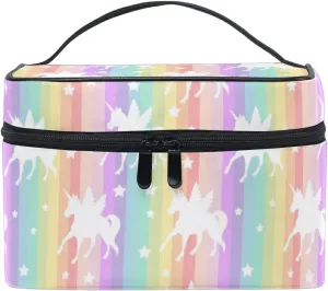 Cute White unicorns Silhouette on Rainbow Colorful Stripes Beauty Cosmetic with Zipper Brush Portable Storage Bag, Fashion printing Toiletry, Durable Travel Organizer Tote Unisex Gifts