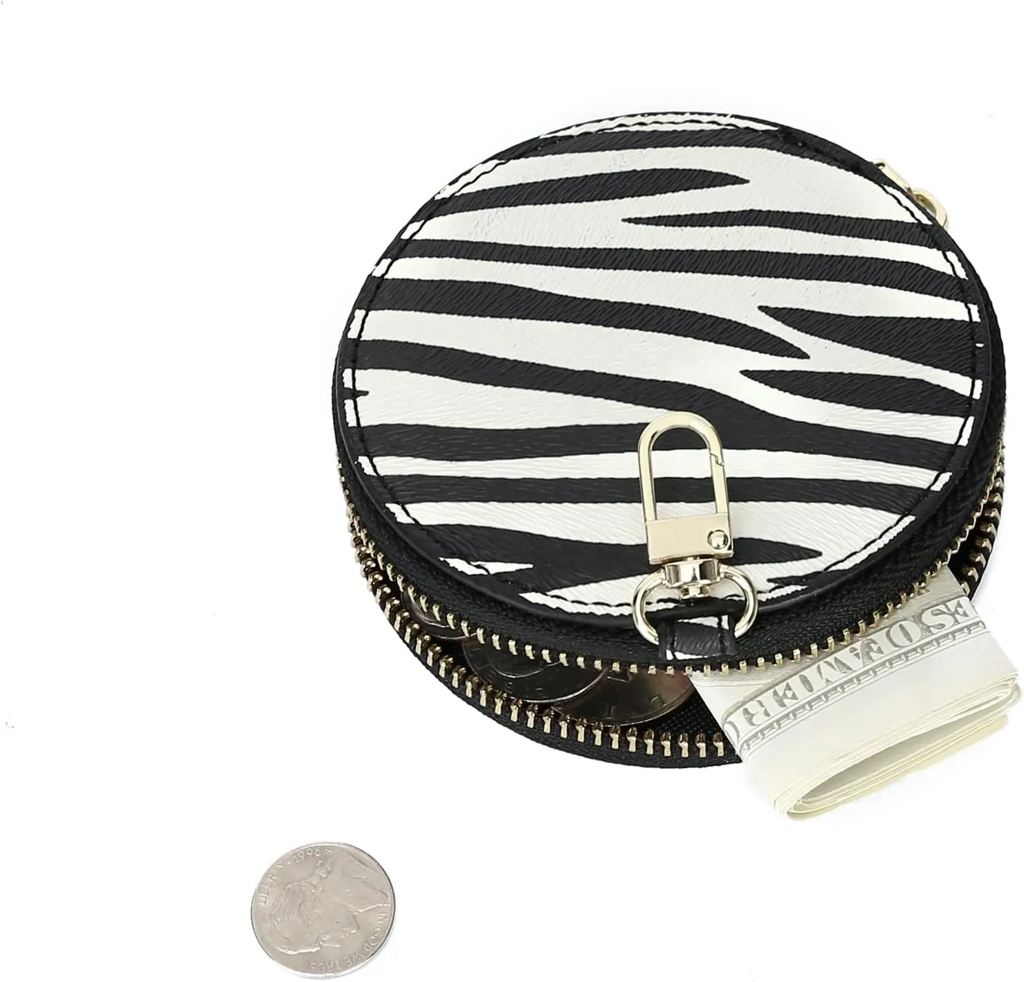Daisy Rose Round Coin Purse Pouch Change Wallet Holder with Clasp - PU Vegan Leather - Zebra