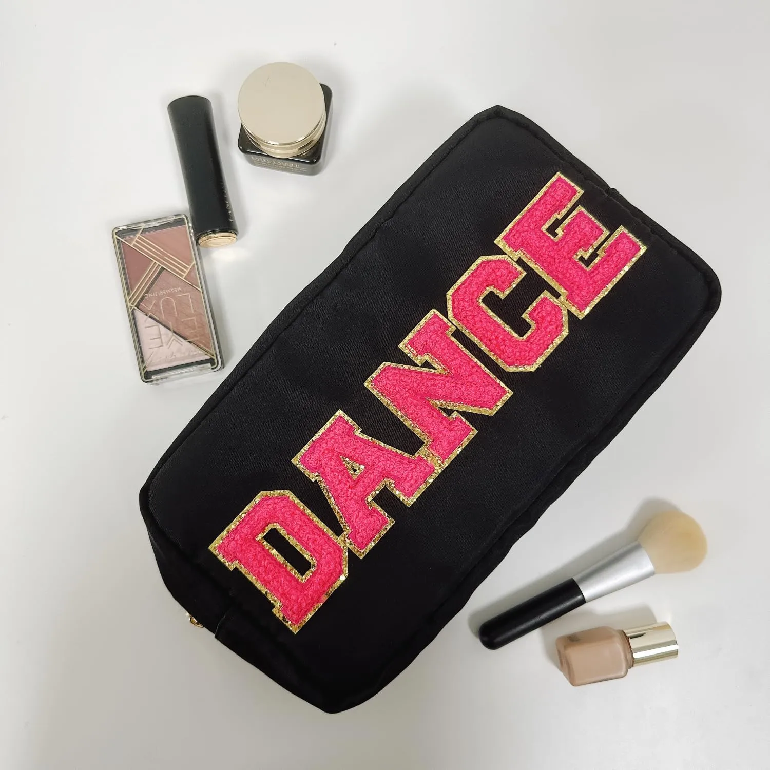 Dance Recital Gifts Letter Patch Nylon Makeup Bag Dance Teacher Appreciation Gifts Dance Makeup Bag Chenille Varsity Letter Cosmetic Toiletry Zipper Pouch Bag for Women Girls(Dance-black)