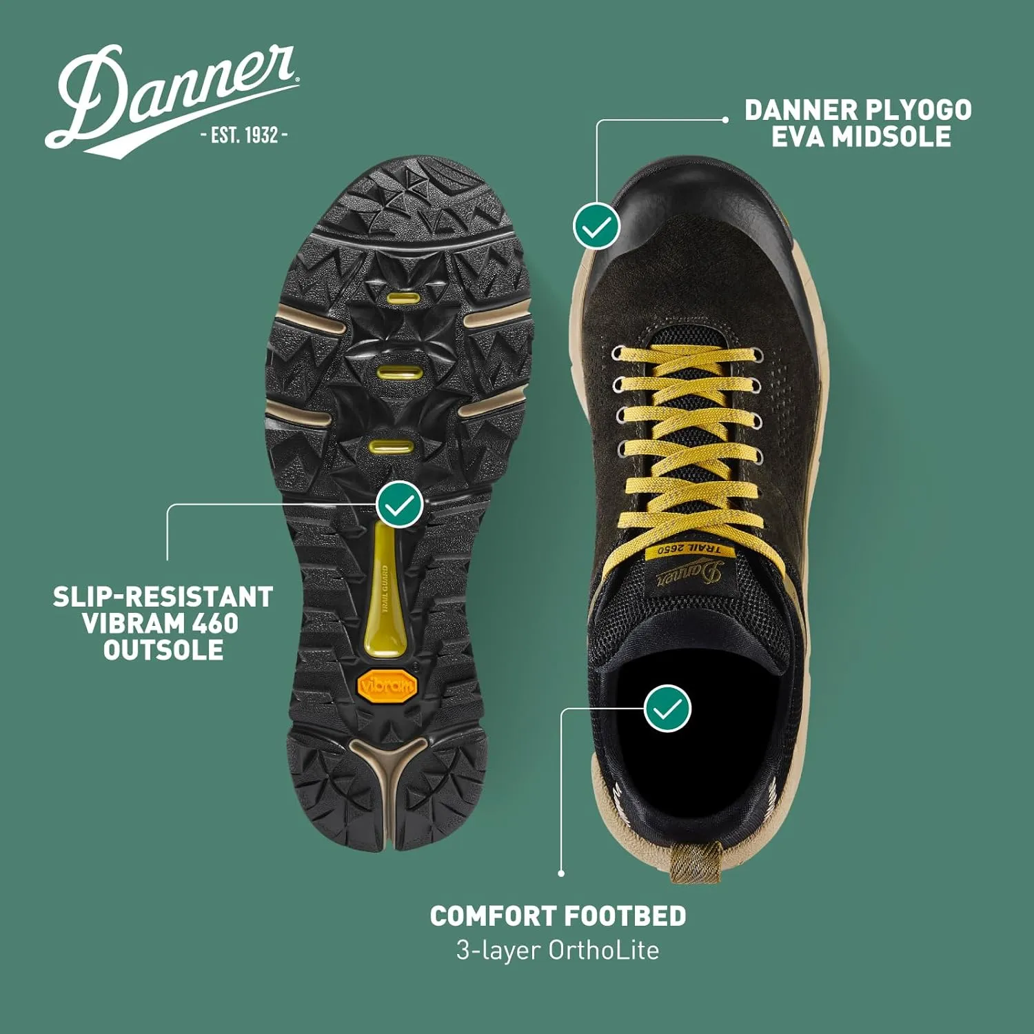 Danner Trail 2650 3” Waterproof Hiking Shoes for Men - Durable Leather & Textile Upper with Breathable Gore-Tex Lining and Vibram Traction Outsole