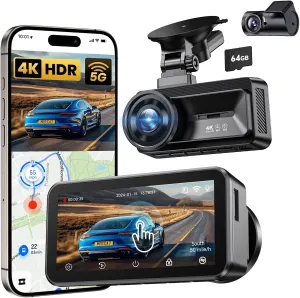 Dash Cam Front and Rear Camera: Touch Screen 4k Car Camera with STARVIS Sensor 5G WiFi GPS Free 64GB Card - Night Vision Dashcam with G-Sensor Loop Recording App Control Parking Monitor