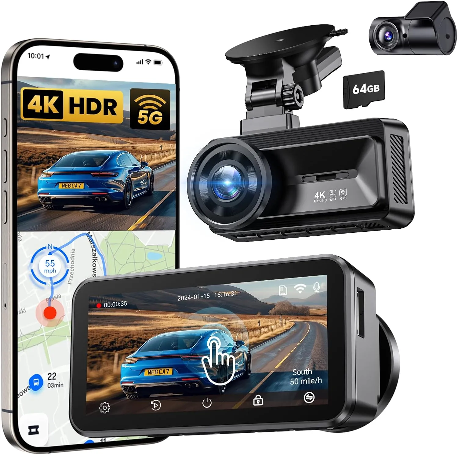 Dash Cam Front and Rear Camera: Touch Screen 4k Car Camera with STARVIS Sensor 5G WiFi GPS Free 64GB Card - Night Vision Dashcam with G-Sensor Loop Recording App Control Parking Monitor