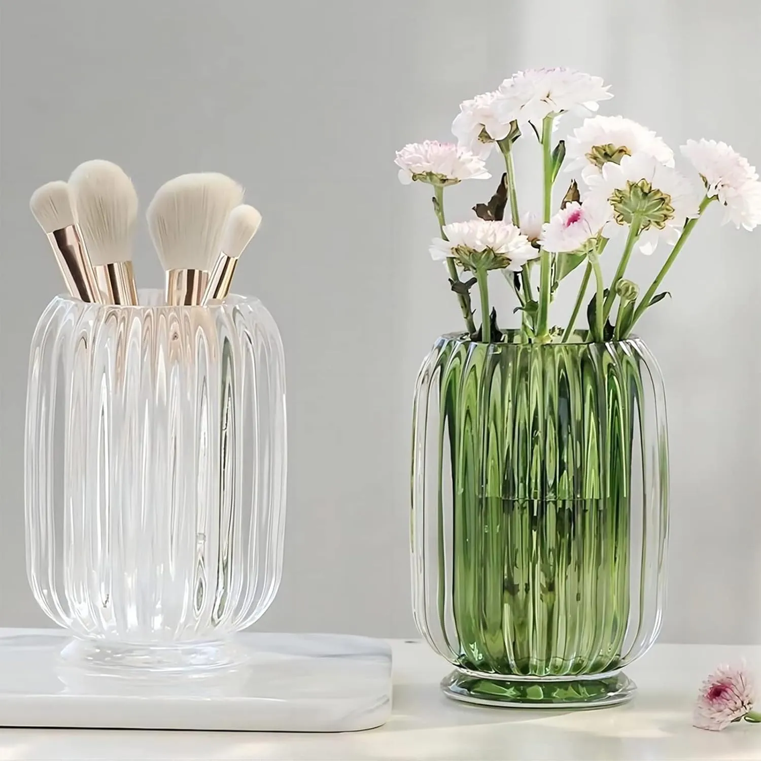 DASITON Makeup Brush holder Organizer,Crystal Cosmetic Makeup Brush Glass Brushes Storage Holder, Vintage Make Up Brush Cup Holder striped vase(Clear)
