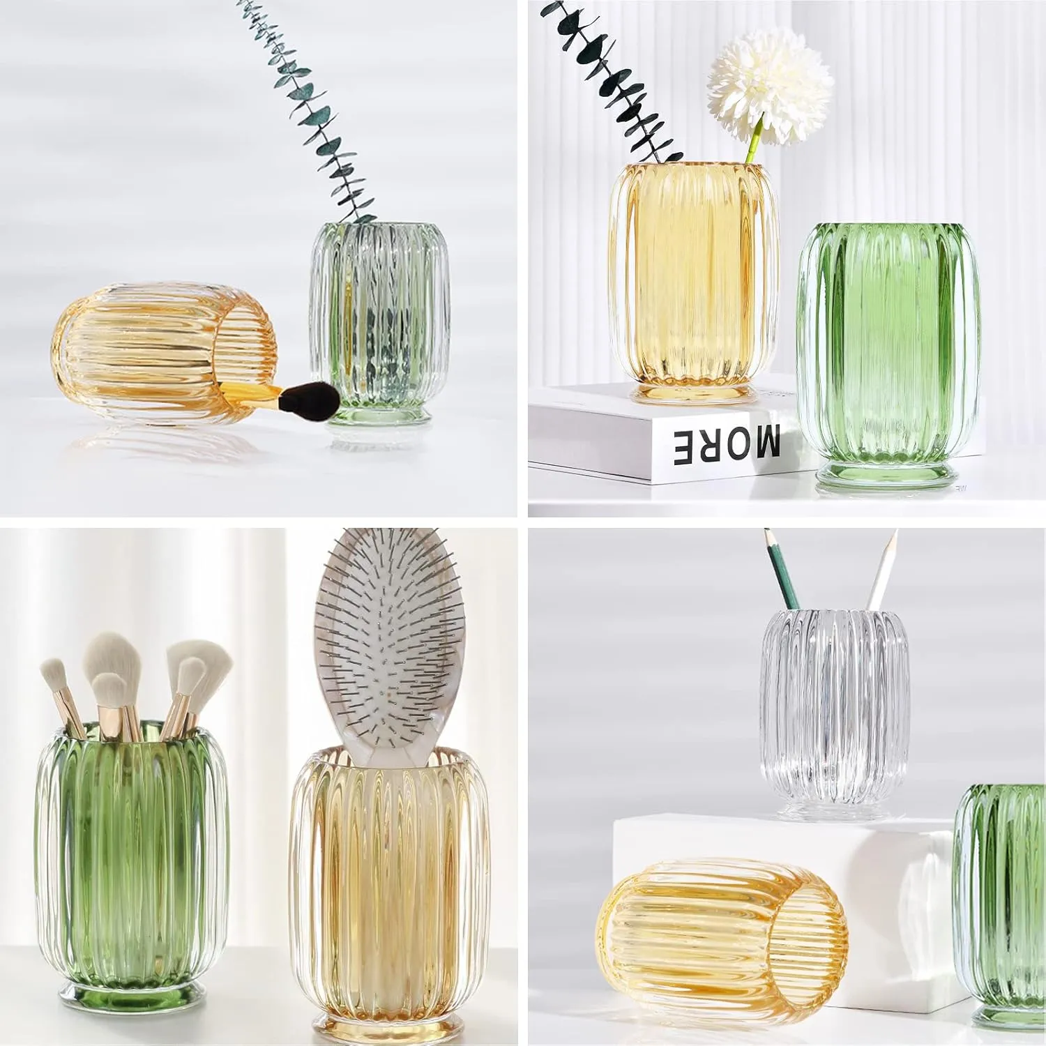 DASITON Makeup Brush holder Organizer,Crystal Cosmetic Makeup Brush Glass Brushes Storage Holder, Vintage Make Up Brush Cup Holder striped vase(Clear)