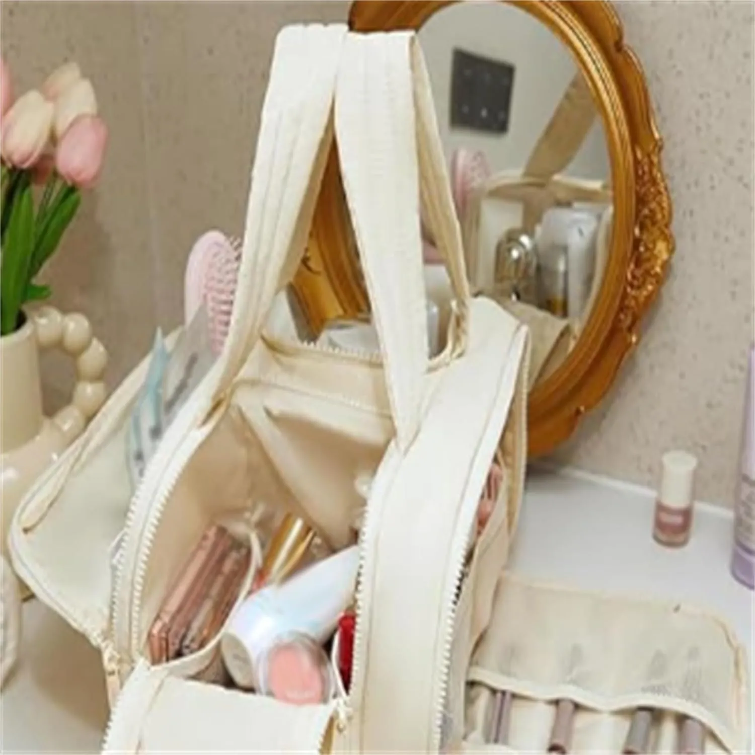 Decisive Makeup Bag, Curetoaway Travel Cosmetic Bag, Large Capacity Wide-Open Travel Cosmetic Bag for Women with 4 Compartments, Lightweight Waterproof, Multifunctional Bags (light pink)