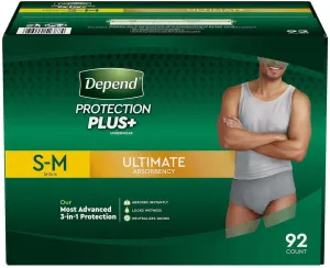 Depend Protection Plus Ultimate Max Absorbency 3-in-1 SureFit Flexible Underwear for Men:92 count, S-M