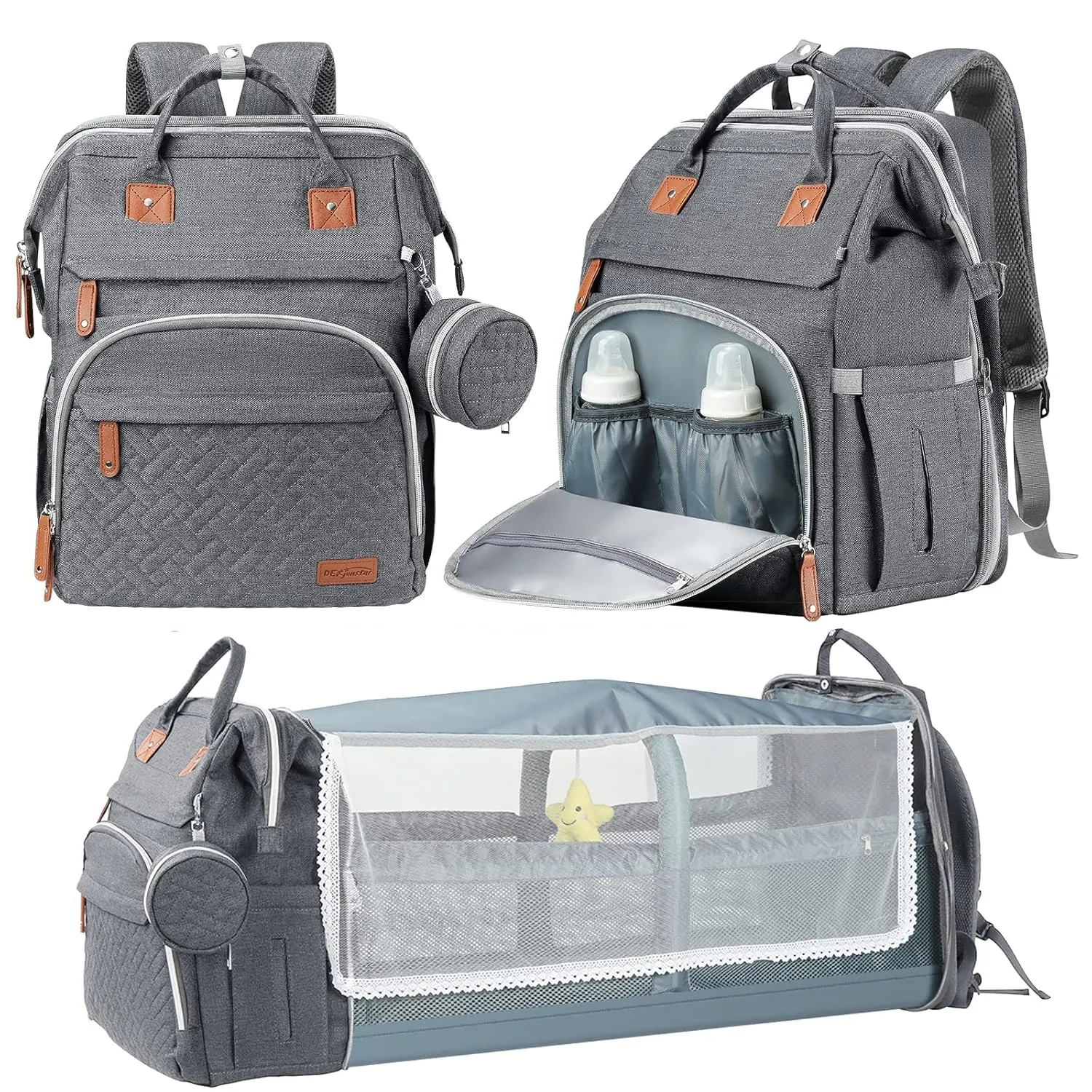 DERJUNSTAR Baby Diaper Bag Backpack with ChangingStation-Large Capacity Baby Bag for Boys & Girls, USBCharging Port, Pacifier Case, sunshade & Toy Bar,Waterproof， Pale Grey