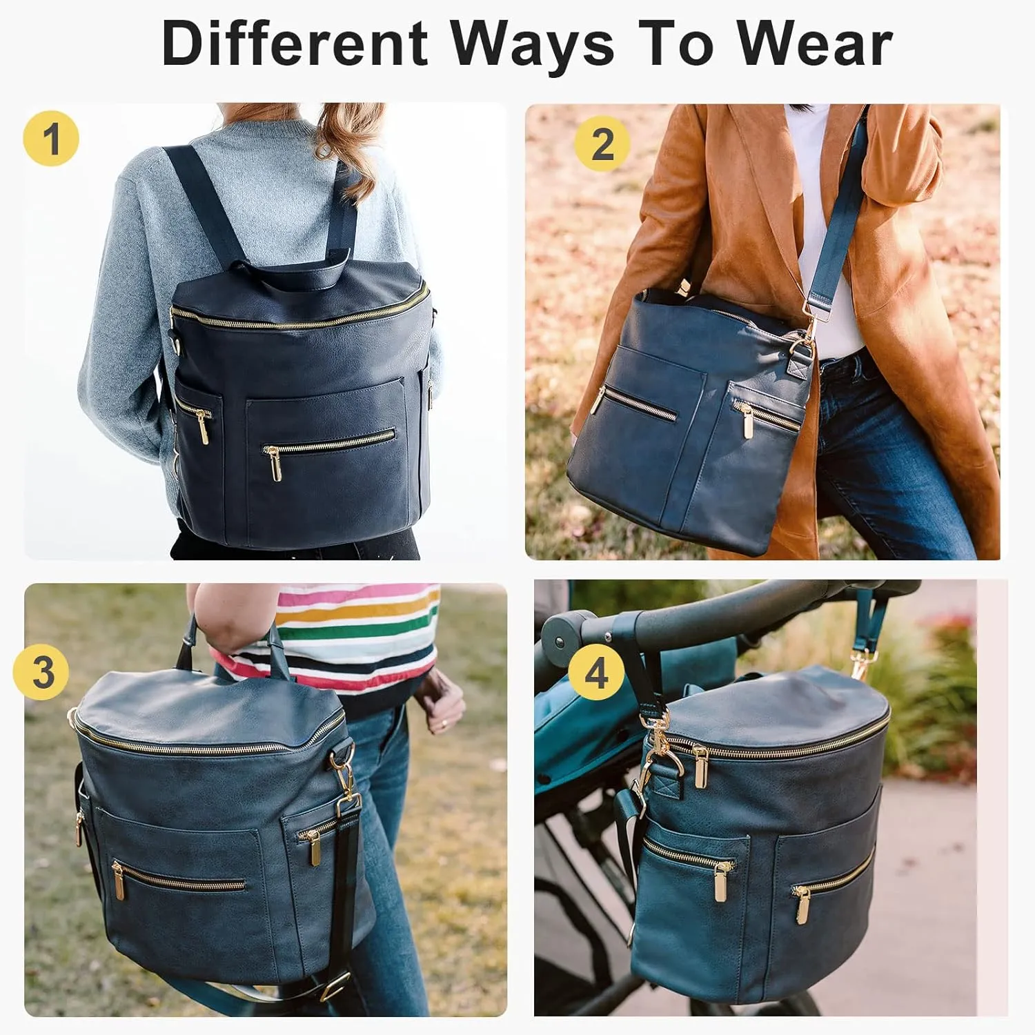 Diaper Bag Backpack Baby Diaper Bag by miss fong, Large Leather Diaper Backpack with 16 Pockets,Diaper Changing Pad, Stroller Straps & 2 Insulated Pockets (Convertible, Navy Meet Black)