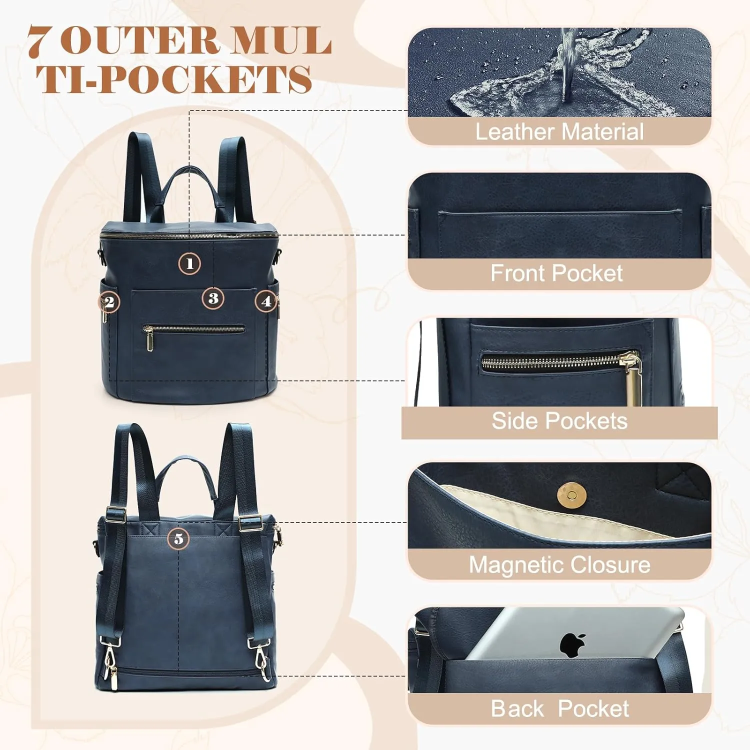 Diaper Bag Backpack Baby Diaper Bag by miss fong, Large Leather Diaper Backpack with 16 Pockets,Diaper Changing Pad, Stroller Straps & 2 Insulated Pockets (Convertible, Navy Meet Black)