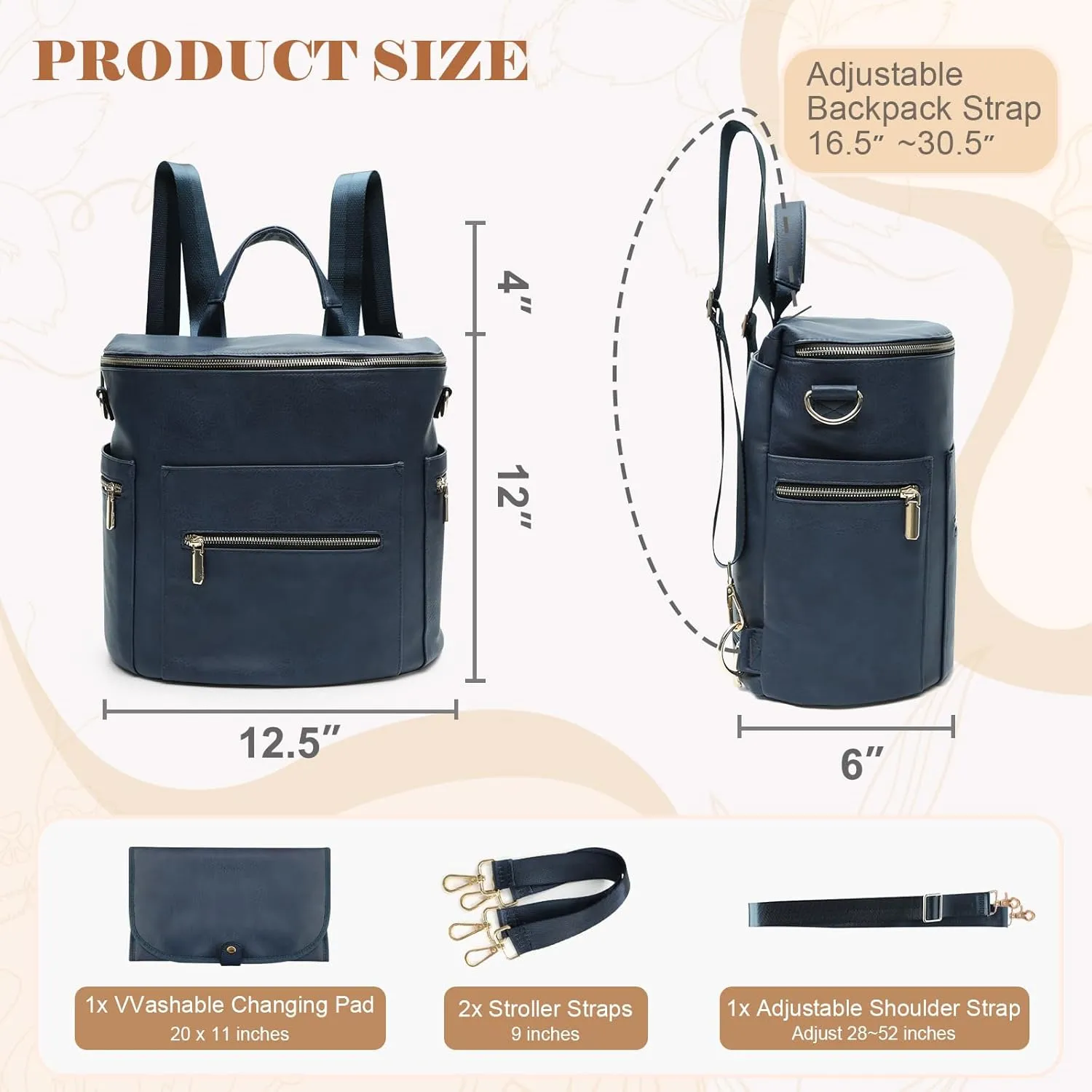 Diaper Bag Backpack Baby Diaper Bag by miss fong, Large Leather Diaper Backpack with 16 Pockets,Diaper Changing Pad, Stroller Straps & 2 Insulated Pockets (Convertible, Navy Meet Black)