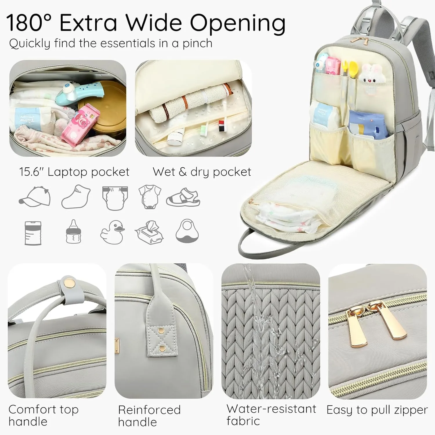 Diaper Bag Backpack - Large Multi functional, Boys, Girls & Baby Travel Essentials Tote with Changing Pad, Insulated Pockets, Stroller Straps, Waterproof - Baby Backpack for Mom & Maternity (Gray)