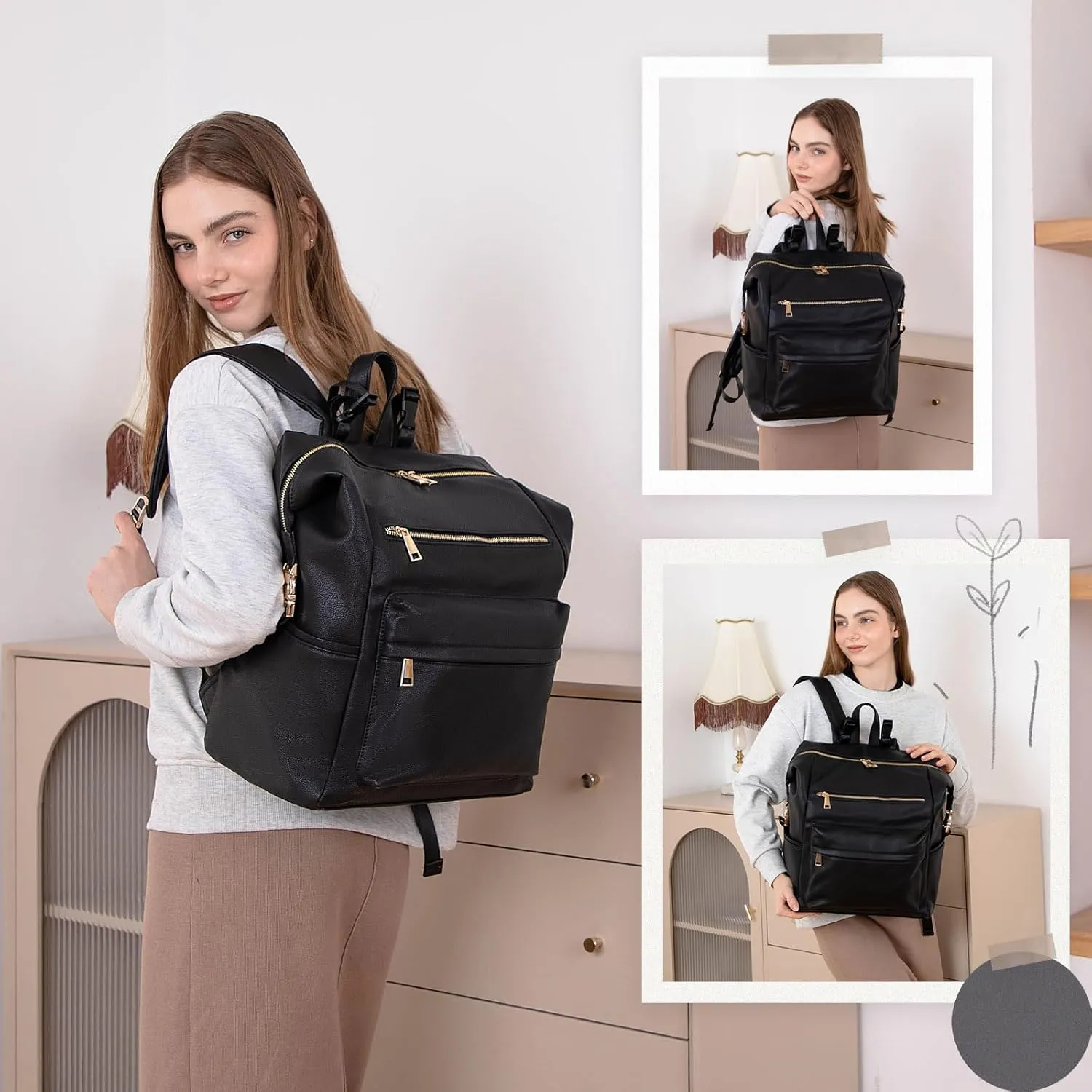 Diaper Bag Backpack Leather Backpack with 17 Pockets Travel Baby Diaper Bag,4 Insulated Pockets,Stroller Straps,Changing Pad,Black