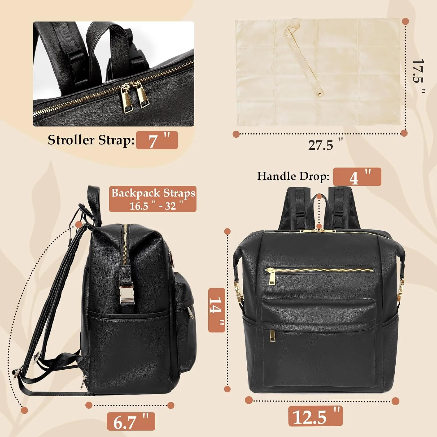 Diaper Bag Backpack Leather Backpack with 17 Pockets Travel Baby Diaper Bag,4 Insulated Pockets,Stroller Straps,Changing Pad,Black