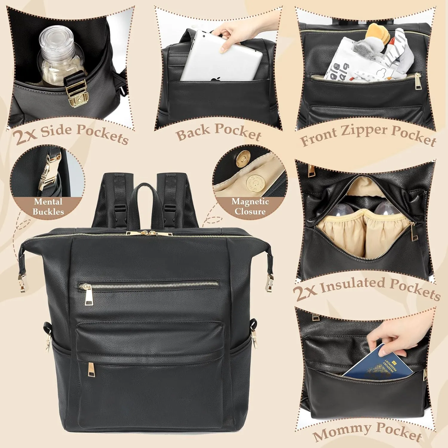 Diaper Bag Backpack Leather Backpack with 17 Pockets Travel Baby Diaper Bag,4 Insulated Pockets,Stroller Straps,Changing Pad,Black