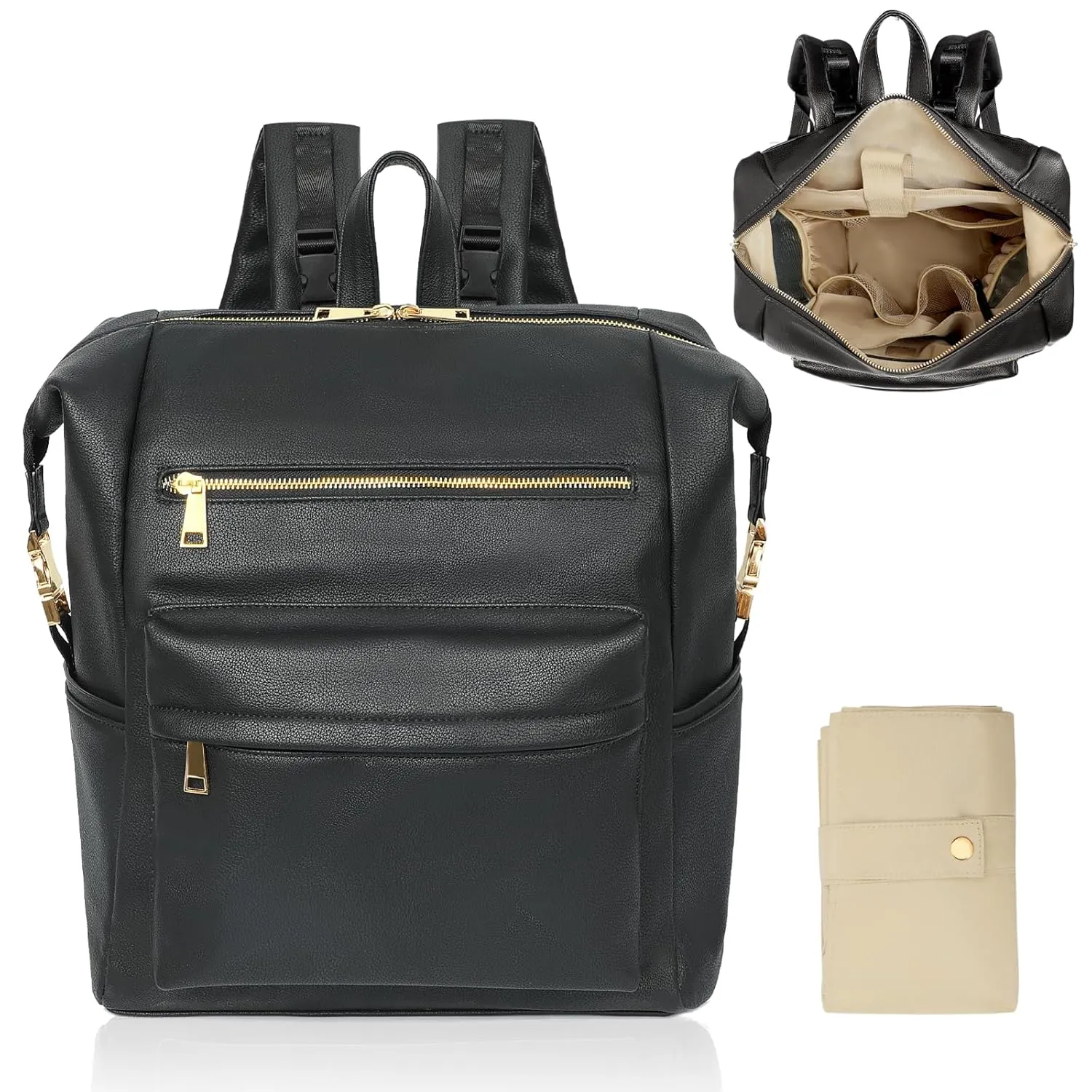 Diaper Bag Backpack Leather Backpack with 17 Pockets Travel Baby Diaper Bag,4 Insulated Pockets,Stroller Straps,Changing Pad,Black