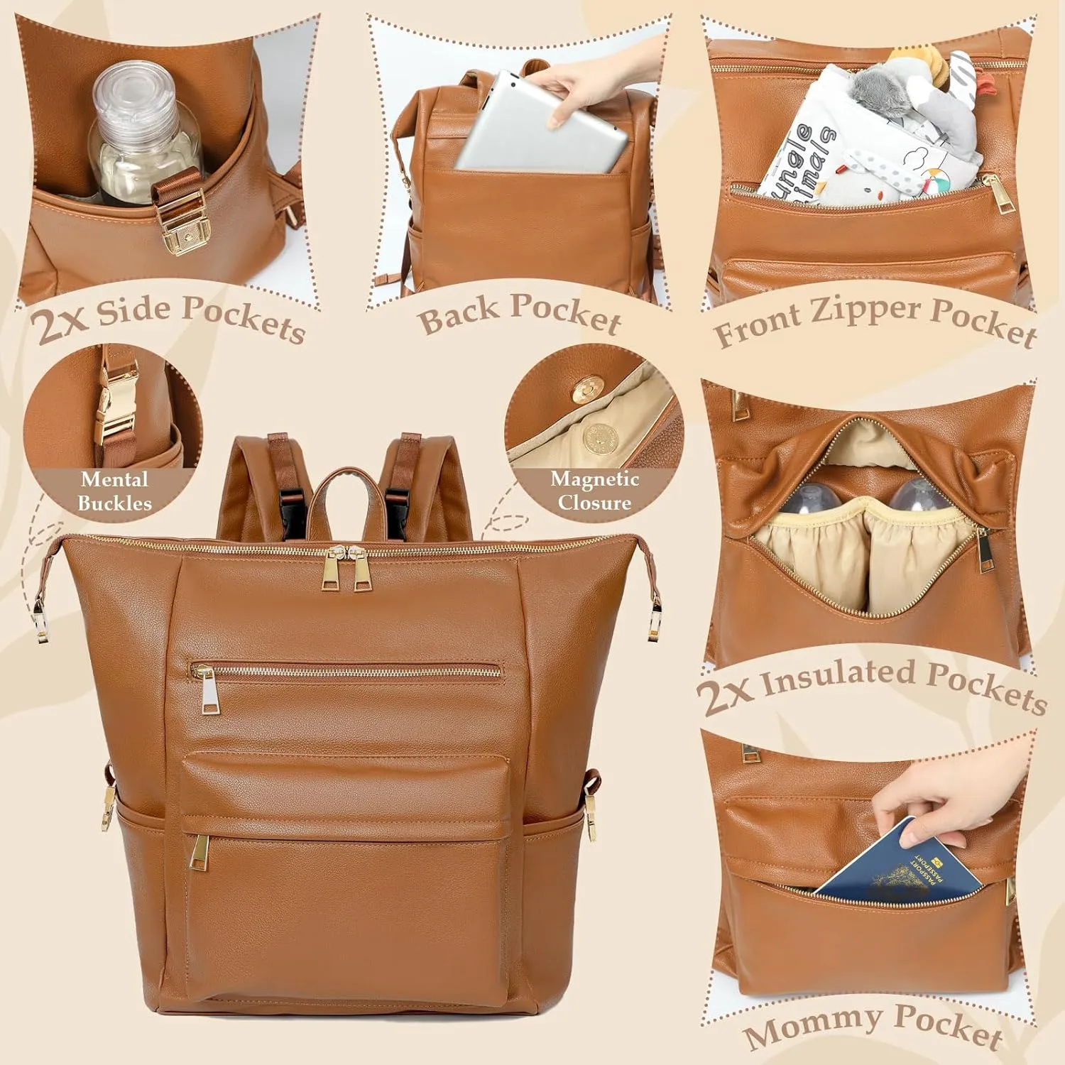 Diaper Bag Backpack Leather Backpack with 17 Pockets Travel Baby Diaper Bag,4 Insulated Pockets,Stroller Straps,Changing Pad,Brown