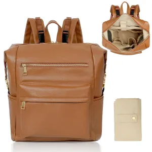 Diaper Bag Backpack Leather Backpack with 17 Pockets Travel Baby Diaper Bag,4 Insulated Pockets,Stroller Straps,Changing Pad,Brown