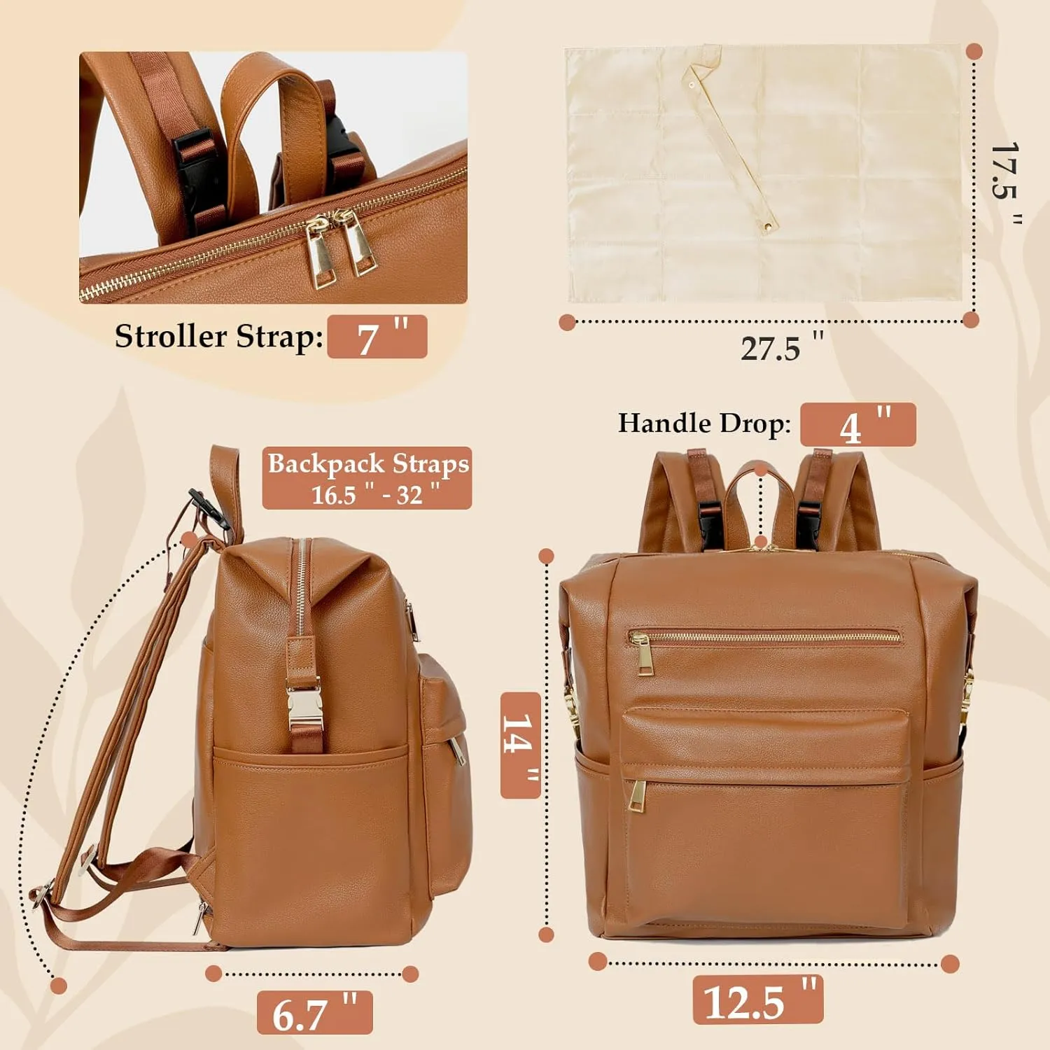 Diaper Bag Backpack Leather Backpack with 17 Pockets Travel Baby Diaper Bag,4 Insulated Pockets,Stroller Straps,Changing Pad,Brown