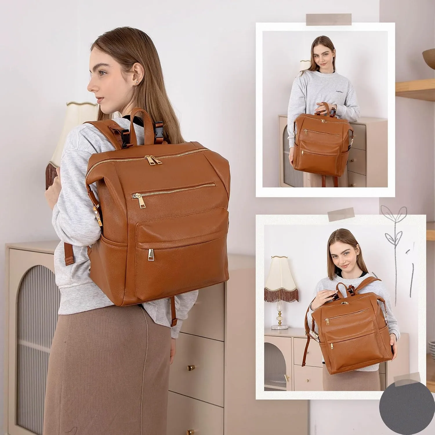 Diaper Bag Backpack Leather Backpack with 17 Pockets Travel Baby Diaper Bag,4 Insulated Pockets,Stroller Straps,Changing Pad,Brown