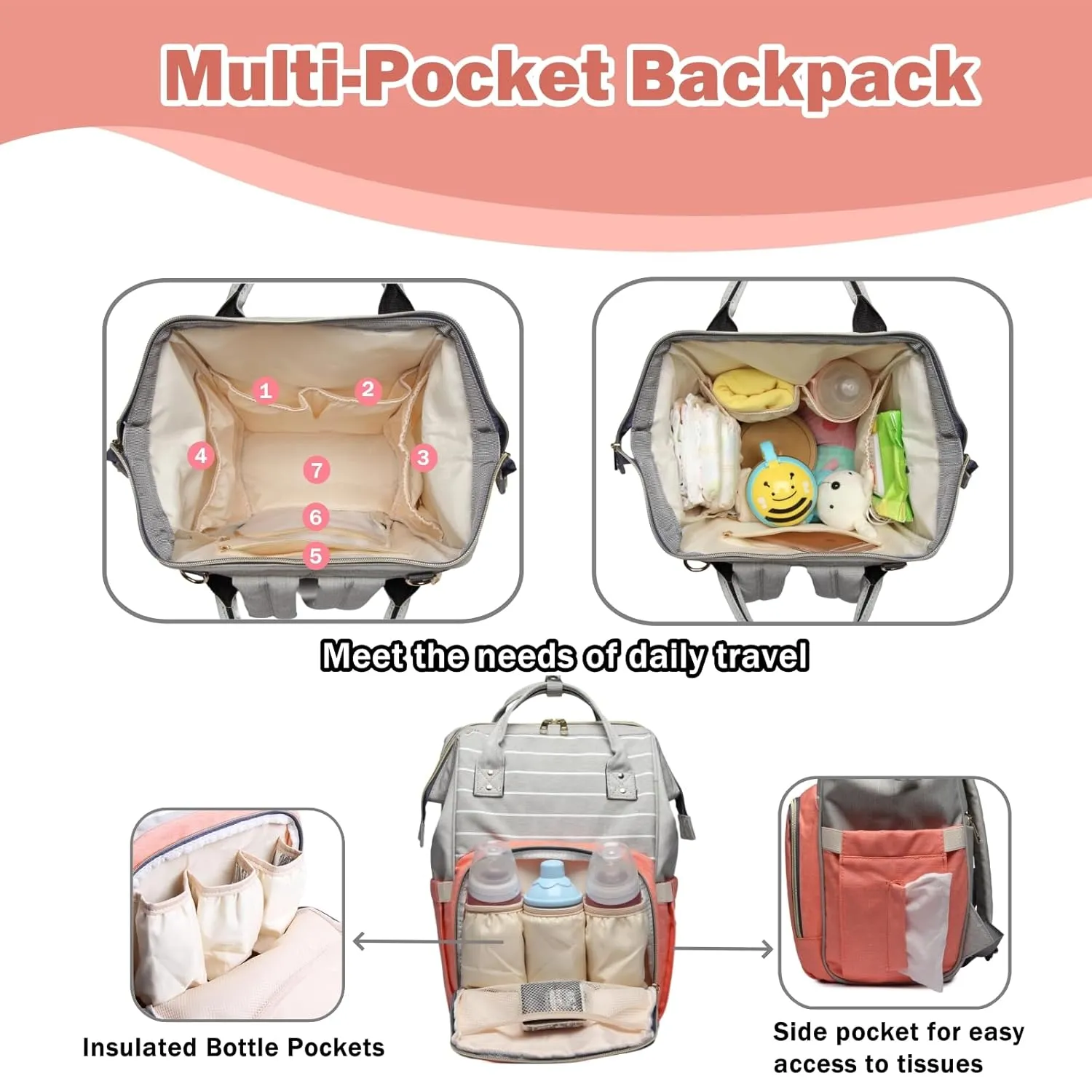 Diaper Bag Backpack Waterproof Multi-Function Diaper Bag for Baby Care Travel Essentials Baby Bag for Mom Large Capacity Purple