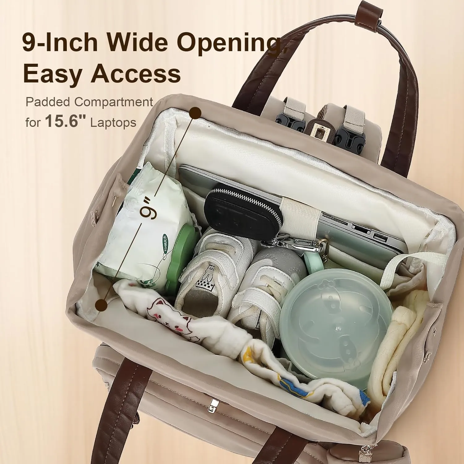 Diaper Bag Backpack with Changing Pad & Pacifier Case – One-Handed Convenience, Fits 15.6" Laptop, Cute Baby Bag for Girls & Boys, Perfect Baby Shower for Mom & Dad, Khaki