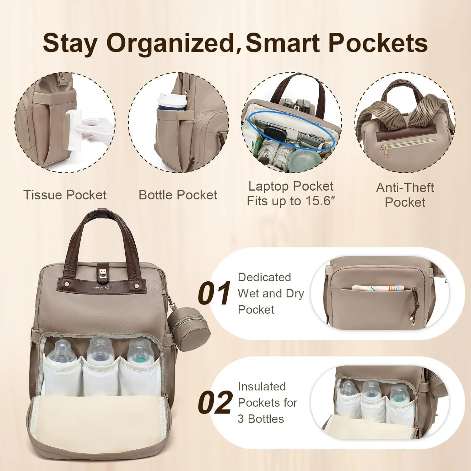 Diaper Bag Backpack with Changing Pad & Pacifier Case – One-Handed Convenience, Fits 15.6" Laptop, Cute Baby Bag for Girls & Boys, Perfect Baby Shower for Mom & Dad, Khaki