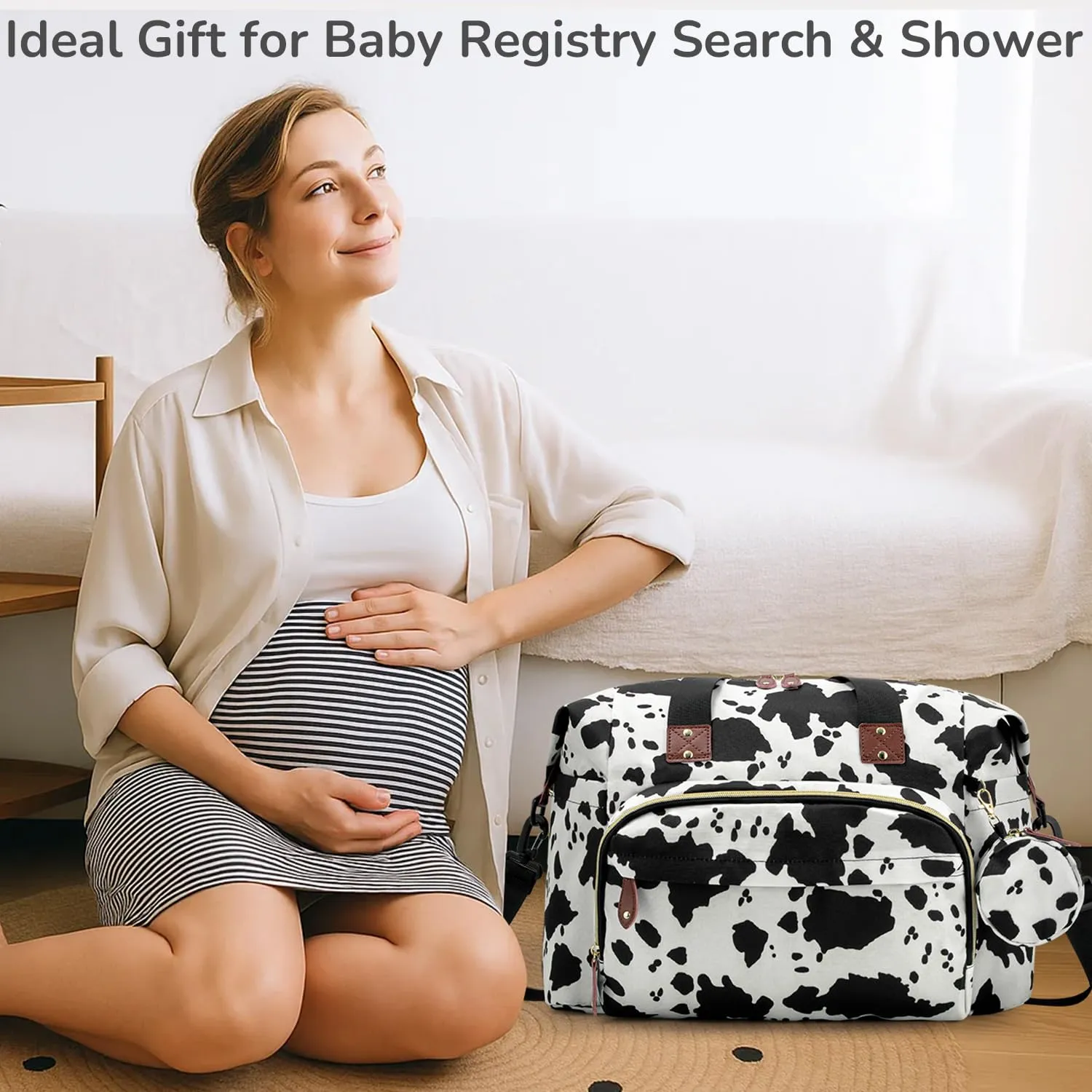 Diaper Bag Tote, Baby Bag Travel Diaper Tote Bag with Pacifier Case, Cute Maternity Hospital Baby Stylish Diaper Tote for Mom Dad Cow Print