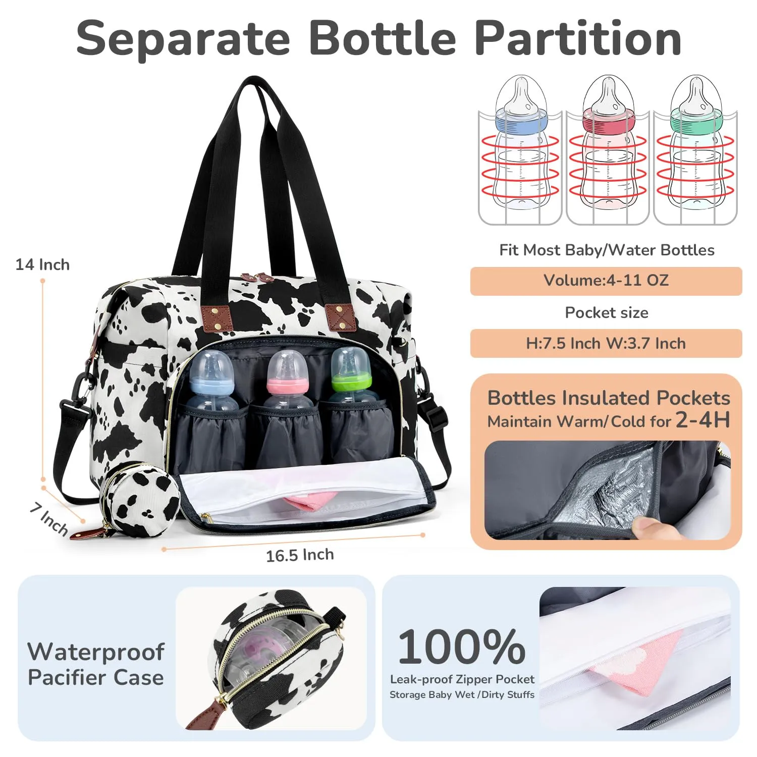 Diaper Bag Tote, Baby Bag Travel Diaper Tote Bag with Pacifier Case, Cute Maternity Hospital Baby Stylish Diaper Tote for Mom Dad Cow Print