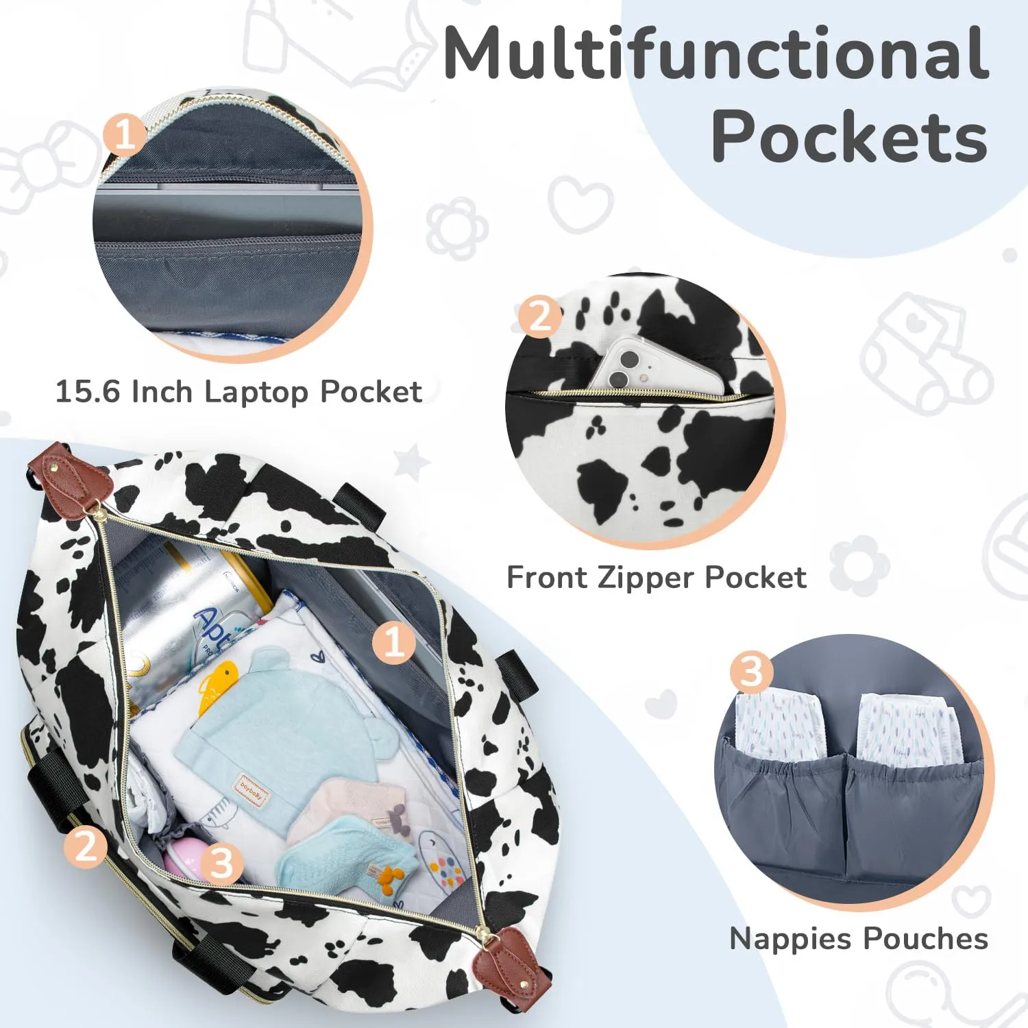 Diaper Bag Tote, Baby Bag Travel Diaper Tote Bag with Pacifier Case, Cute Maternity Hospital Baby Stylish Diaper Tote for Mom Dad Cow Print
