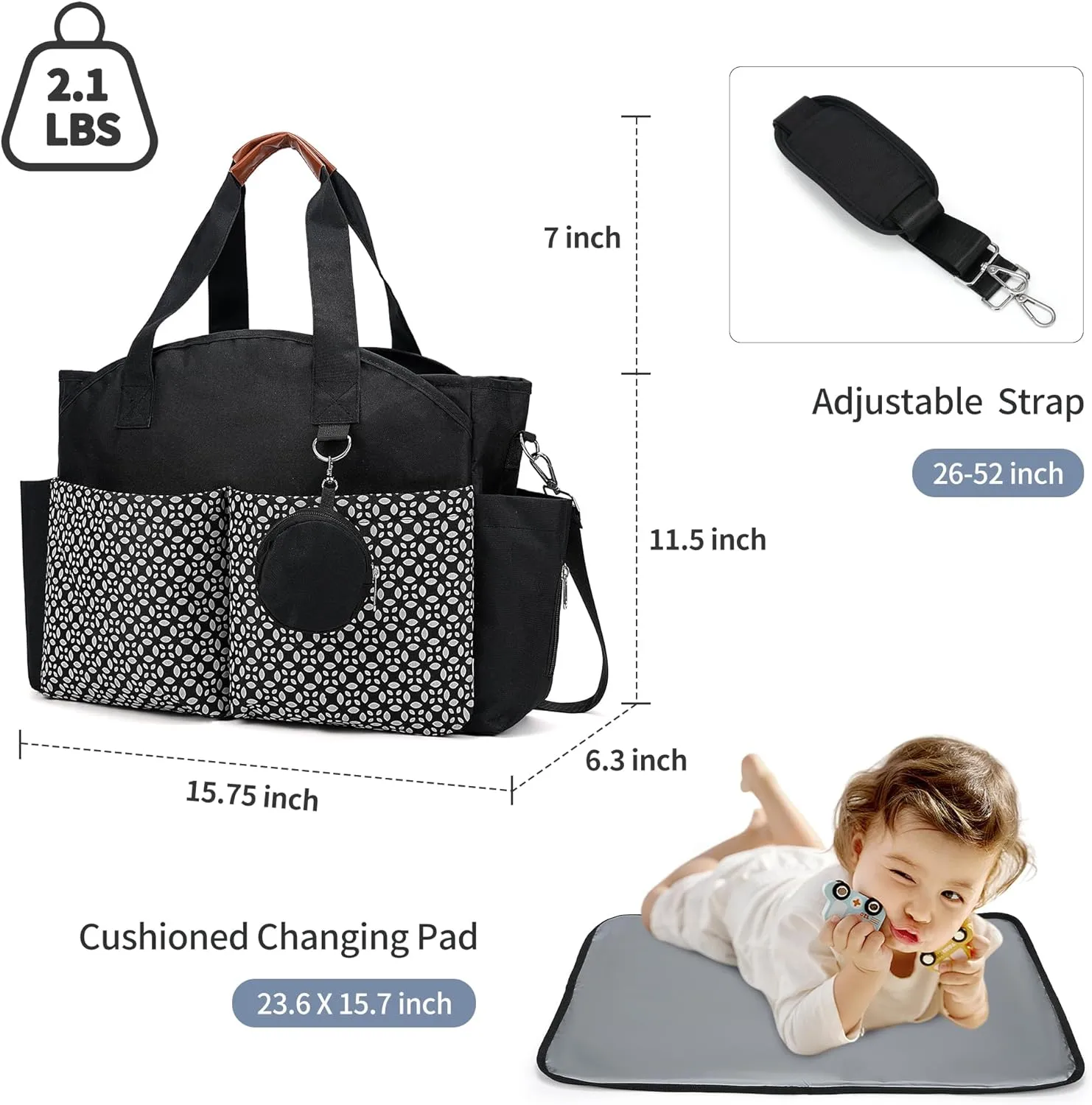 Diaper Bag Tote, Large Diaper Bag with Pacifier Case Travel Diaper Tote for Mom with Changing Station Multifunction