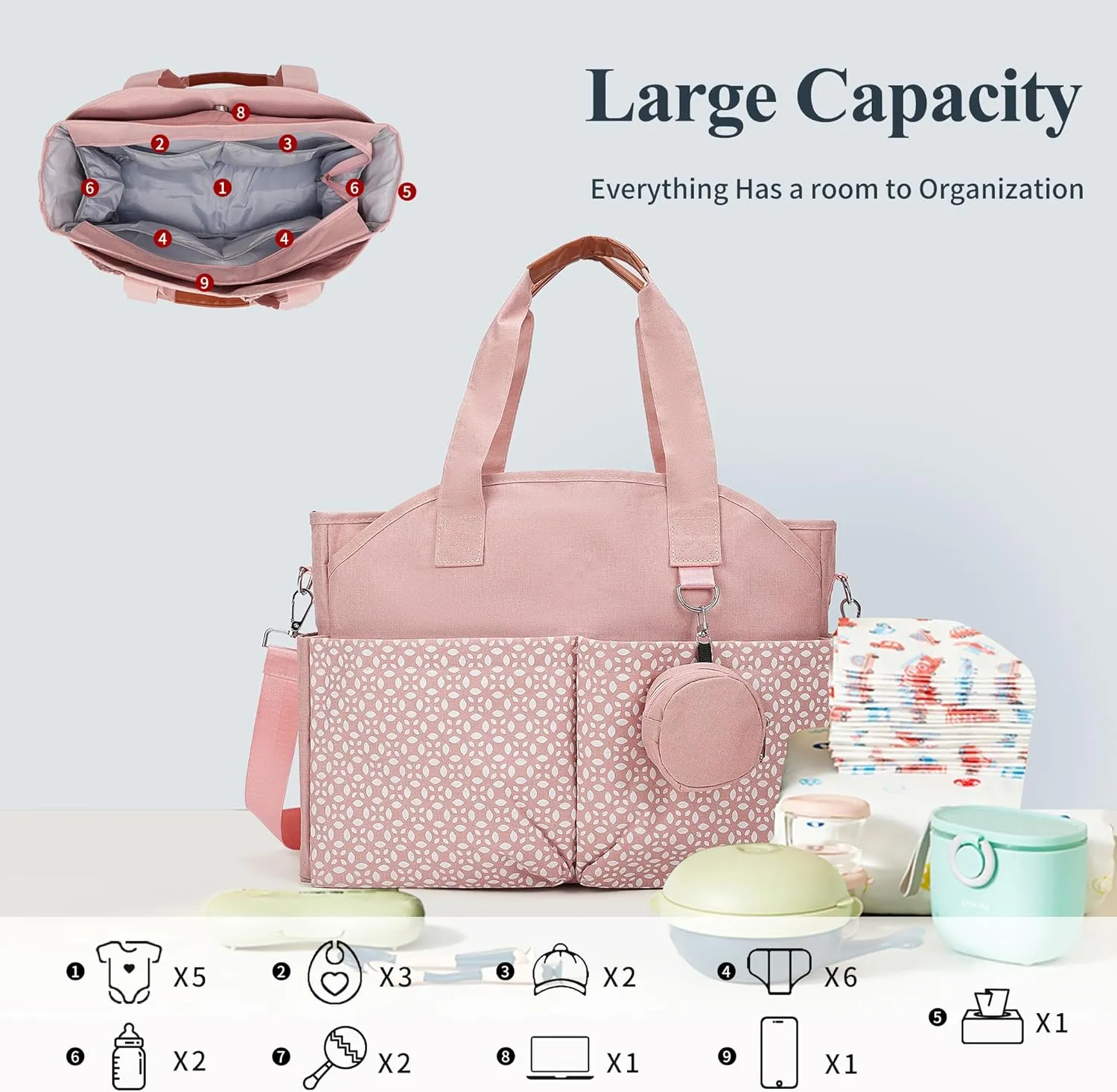 Diaper Bag Tote, Large Diaper Bag with Pacifier Case Travel Diaper Tote for Mom with Changing Station Multifunction