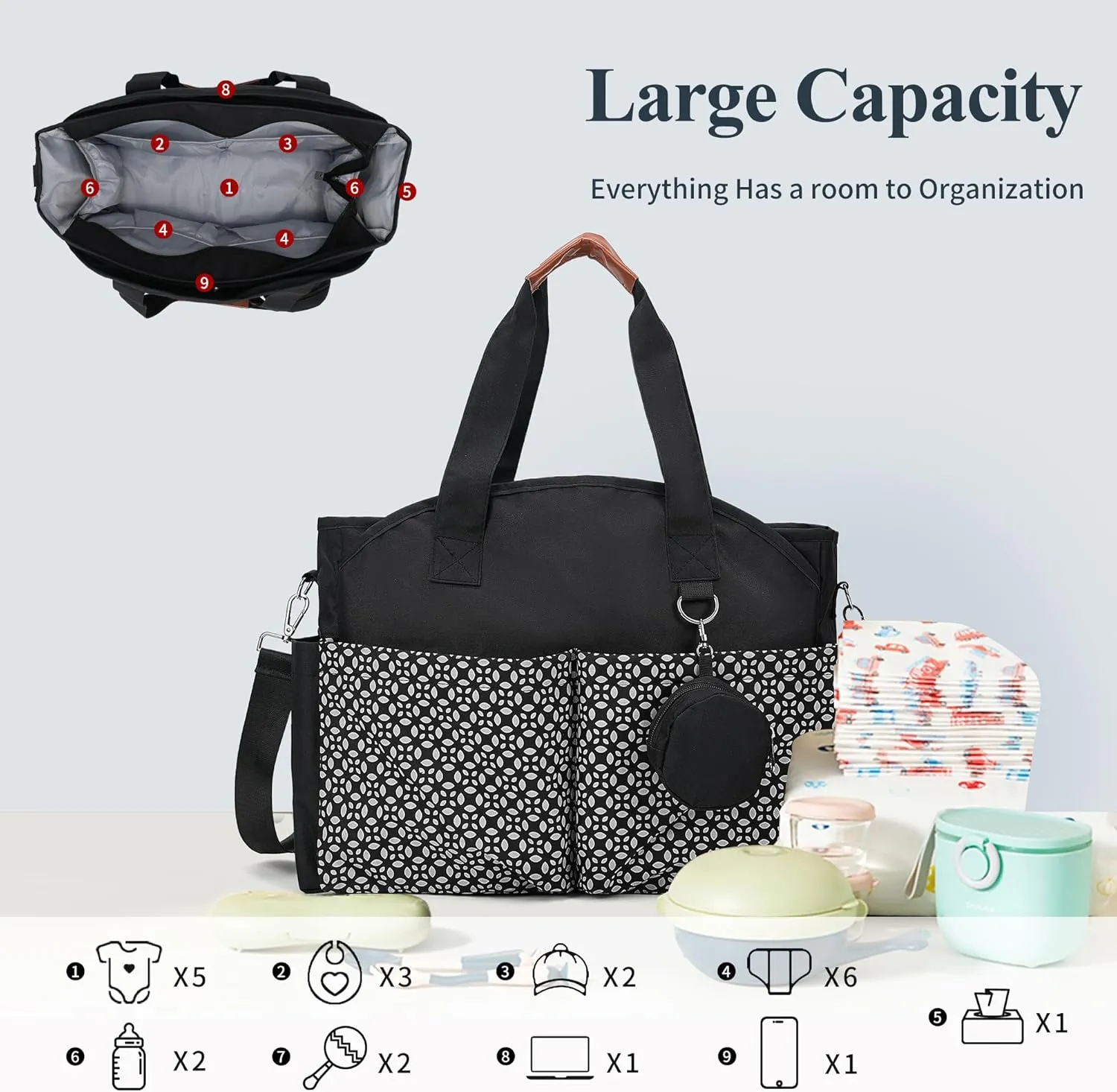 Diaper Bag Tote, Large Diaper Bag with Pacifier Case Travel Diaper Tote for Mom with Changing Station Multifunction