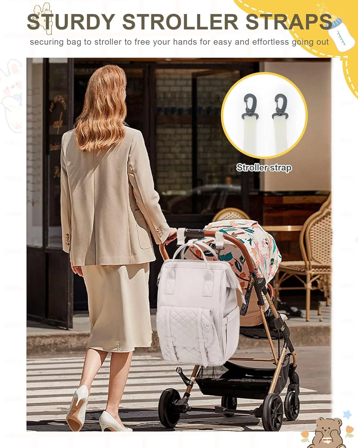 Diaper Bags Backpack Baby Bag for Mom Dad Baby Girls Boy, Cute Mult Diaper Nappy Bag Travel Back Pack, Water Repellent Maternity Changing Bag Baby Stuff with USB Charging Port Off White 1642