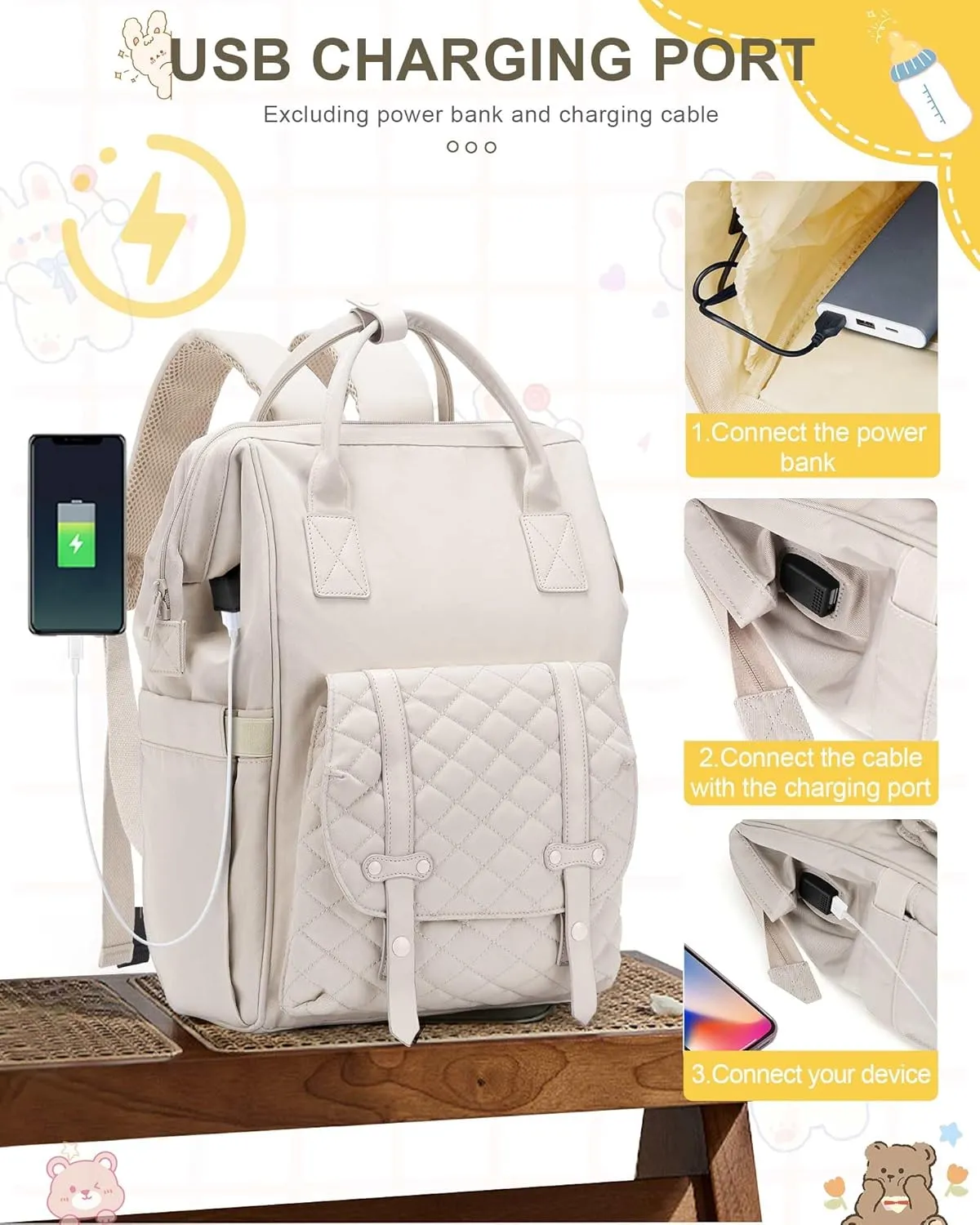 Diaper Bags Backpack Baby Bag for Mom Dad Baby Girls Boy, Cute Mult Diaper Nappy Bag Travel Back Pack, Water Repellent Maternity Changing Bag Baby Stuff with USB Charging Port Off White 1642