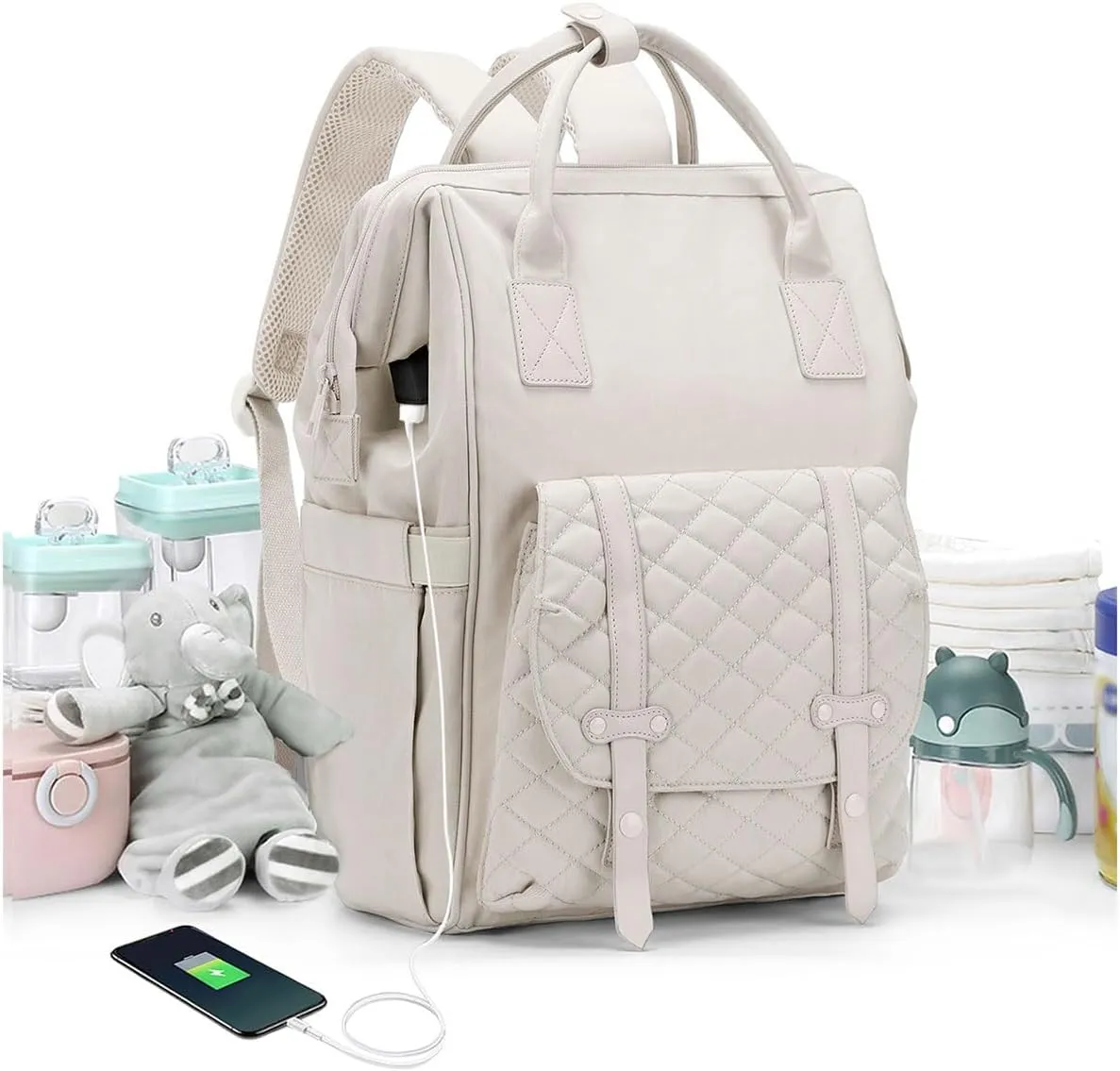 Diaper Bags Backpack Baby Bag for Mom Dad Baby Girls Boy, Cute Mult Diaper Nappy Bag Travel Back Pack, Water Repellent Maternity Changing Bag Baby Stuff with USB Charging Port Off White 1642