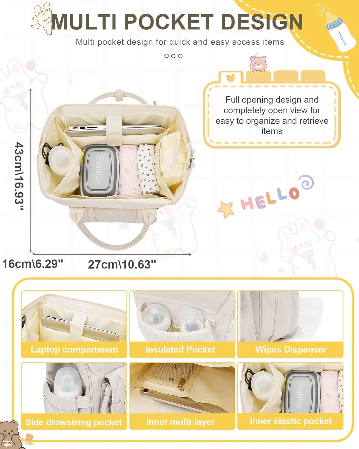 Diaper Bags Backpack Baby Bag for Mom Dad Baby Girls Boy, Cute Mult Diaper Nappy Bag Travel Back Pack, Water Repellent Maternity Changing Bag Baby Stuff with USB Charging Port Off White 1642
