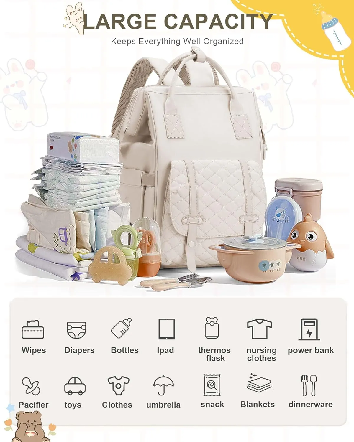 Diaper Bags Backpack Baby Bag for Mom Dad Baby Girls Boy, Cute Mult Diaper Nappy Bag Travel Back Pack, Water Repellent Maternity Changing Bag Baby Stuff with USB Charging Port Off White 1642