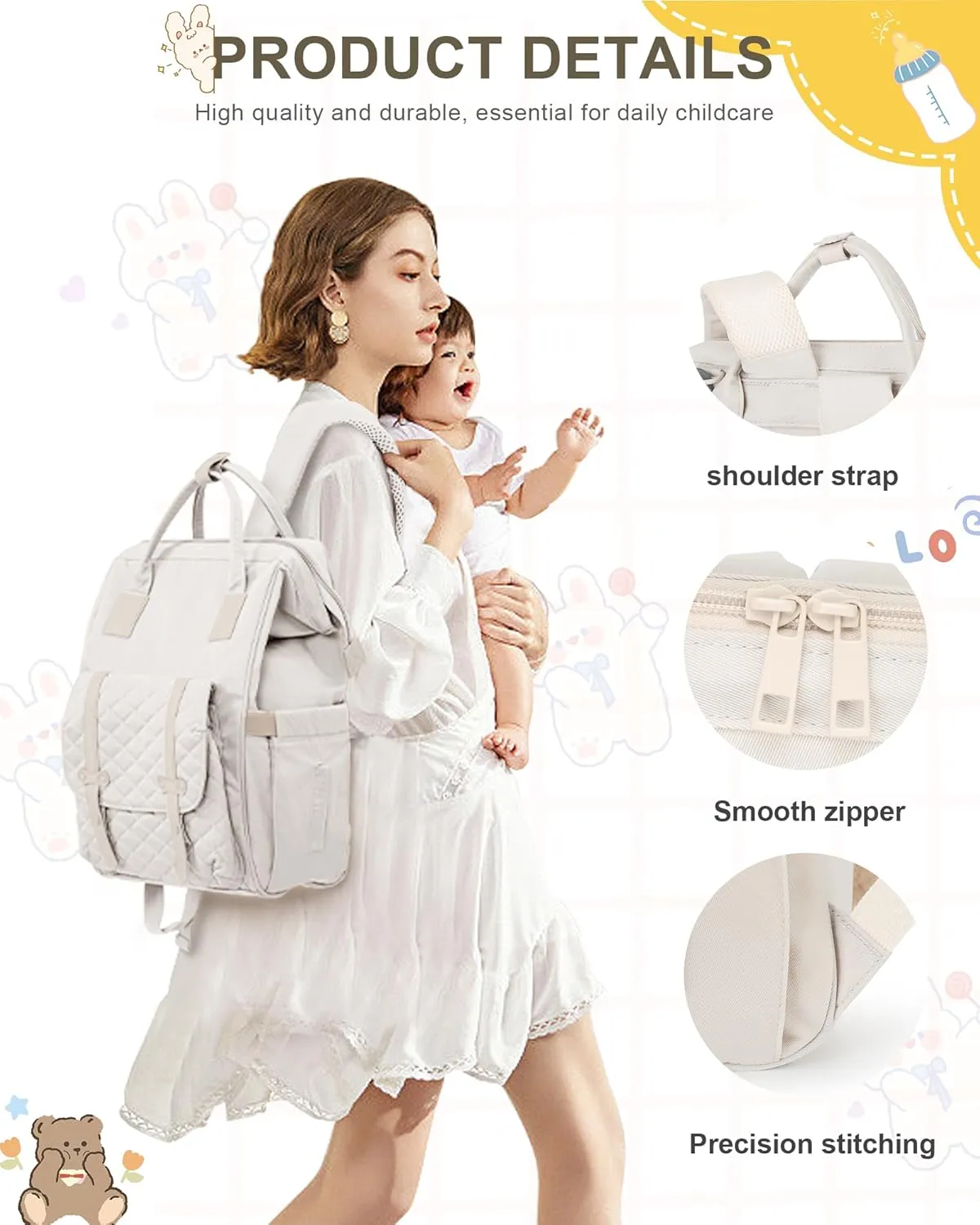 Diaper Bags Backpack Baby Bag for Mom Dad Baby Girls Boy, Cute Mult Diaper Nappy Bag Travel Back Pack, Water Repellent Maternity Changing Bag Baby Stuff with USB Charging Port Off White 1642