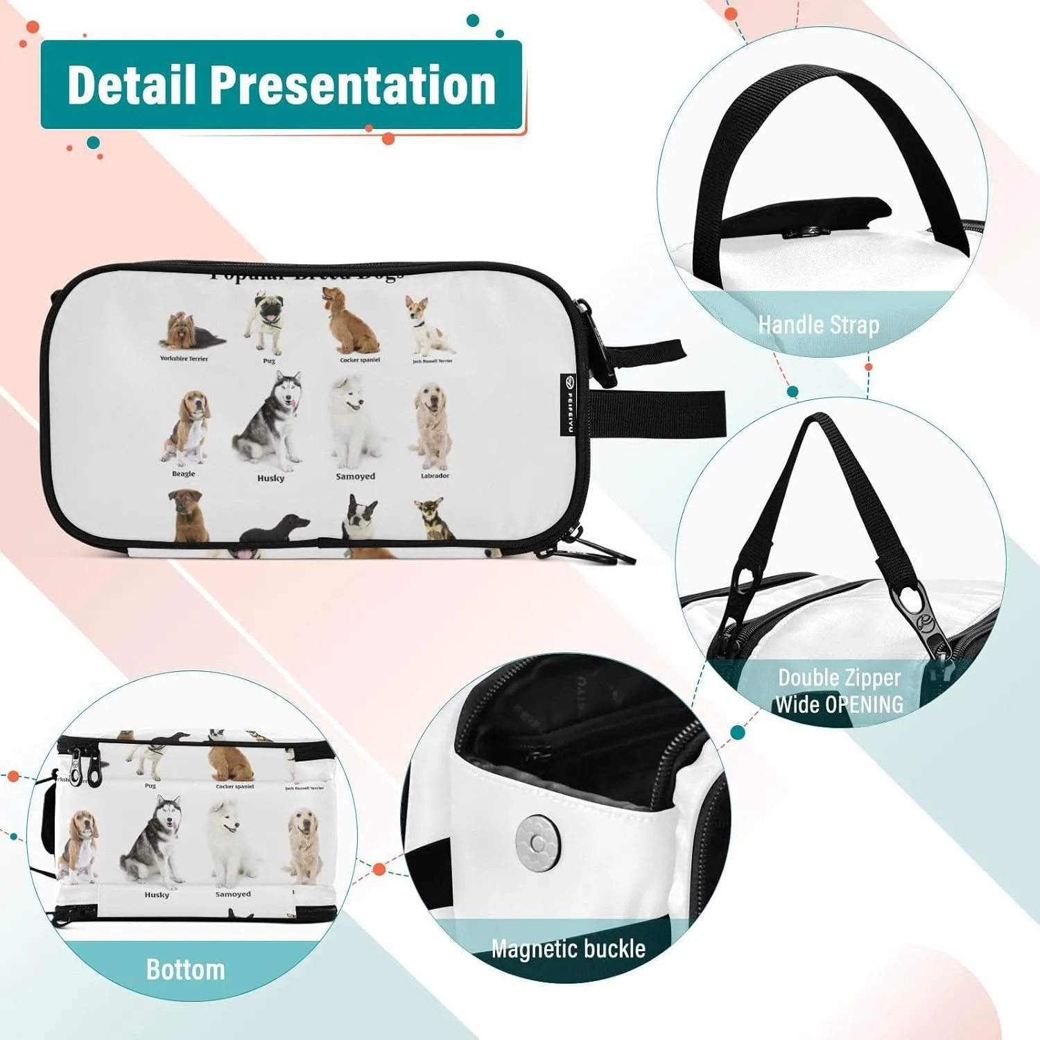 Different Breeds of Dogs Isolated on White Women's Portable Makeup Bag with Handle, Cosmetic Bag, Travel Cosmetic Bag Durable Toiletry Storage Organizer 11 x 7 x 5.7 inch