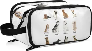 Different Breeds of Dogs Isolated on White Women's Portable Makeup Bag with Handle, Cosmetic Bag, Travel Cosmetic Bag Durable Toiletry Storage Organizer 11 x 7 x 5.7 inch