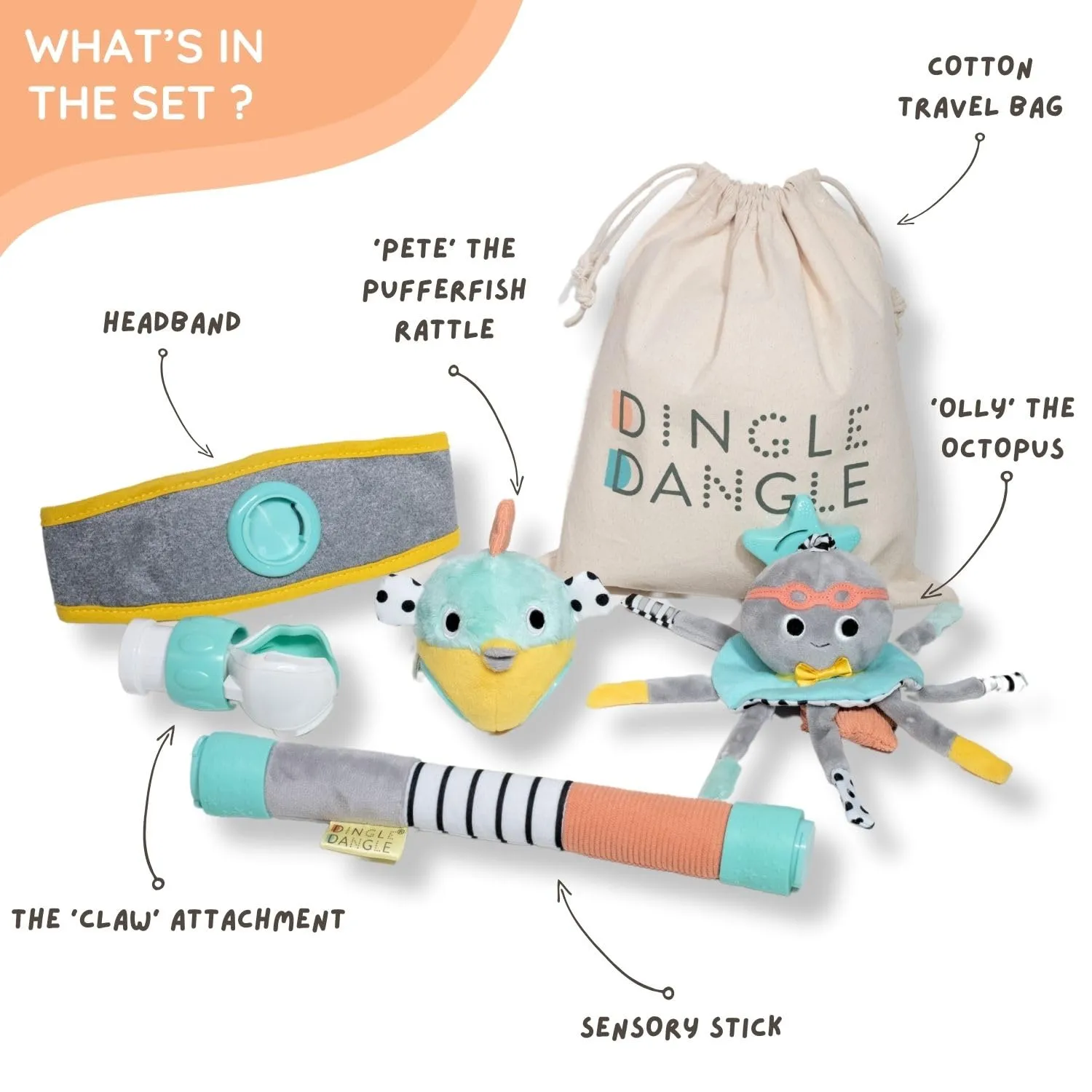 DINGLE DANGLE - Baby Gift Set - 3 in 1 Diaper Changing Helper Headband, Baby Mobile, & Sensory Rattle; Newborn Essentials Must Have - Great Baby Registry or Shower Gift - Featured on Shark Tank