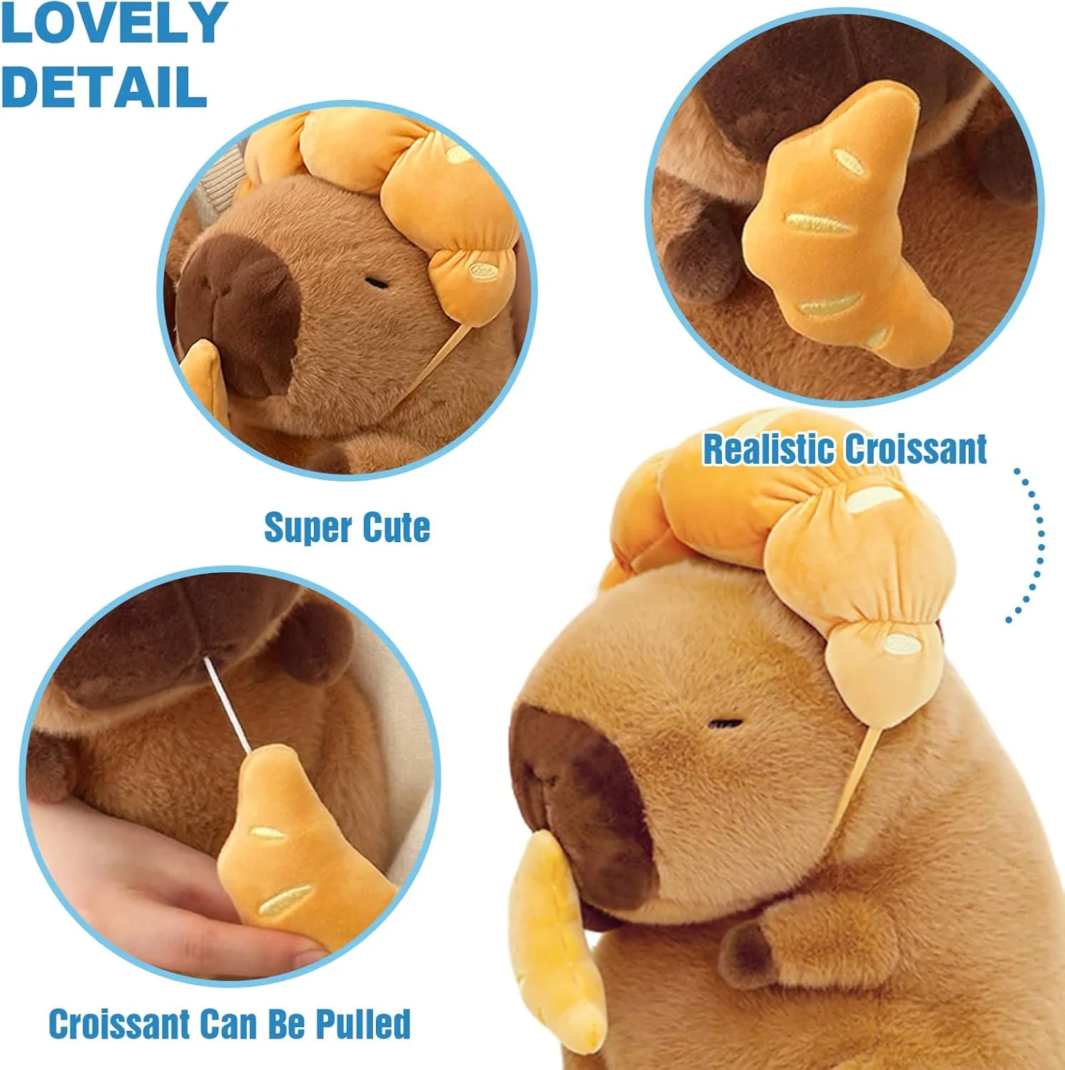 Ditucu Capybara Plush with Croissant Headgear 9 inch Cute Pulling Capibara Stuffed Animal Soft Food Plushies Toys Gifts for Kids Adults Brown