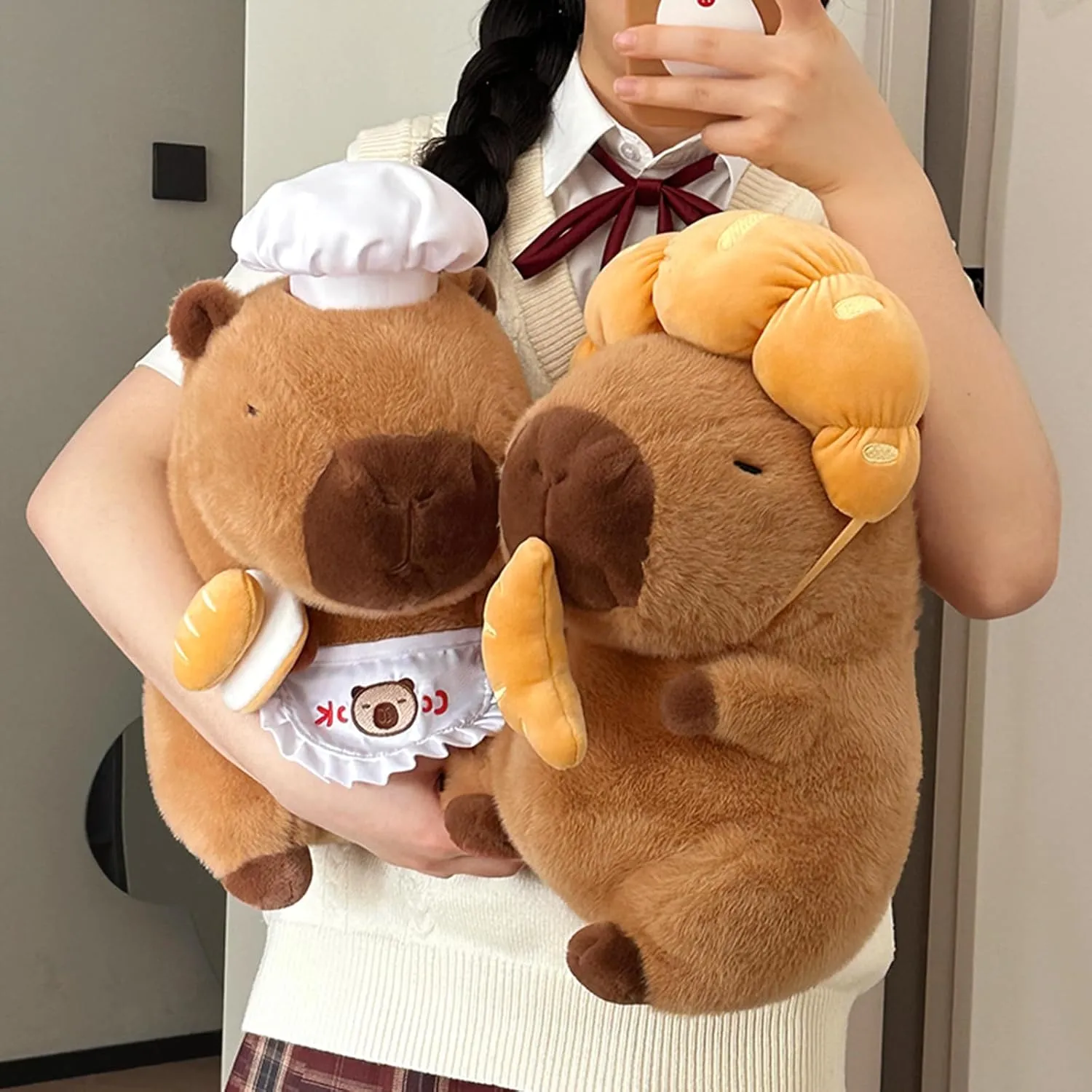 Ditucu Capybara Plush with Croissant Headgear 9 inch Cute Pulling Capibara Stuffed Animal Soft Food Plushies Toys Gifts for Kids Adults Brown