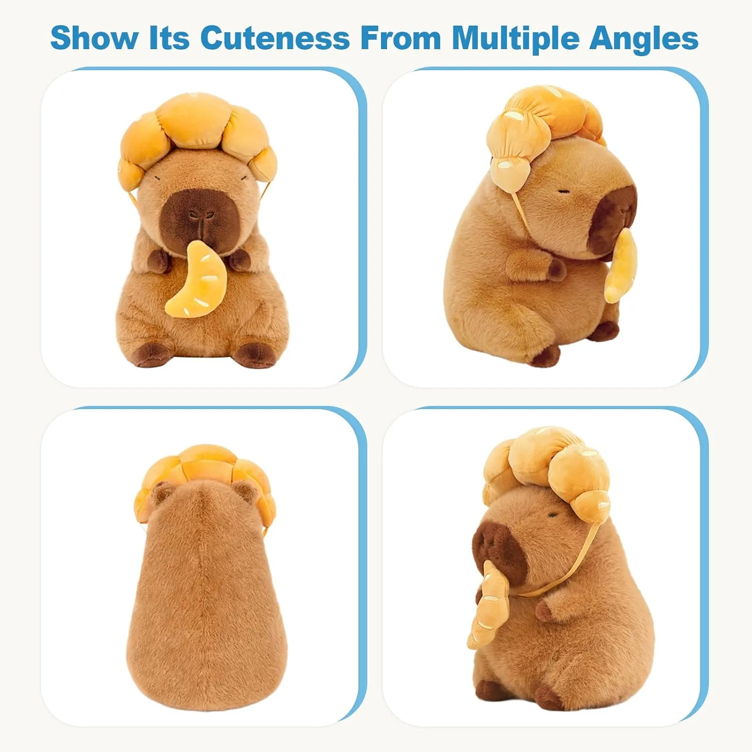 Ditucu Capybara Plush with Croissant Headgear 9 inch Cute Pulling Capibara Stuffed Animal Soft Food Plushies Toys Gifts for Kids Adults Brown