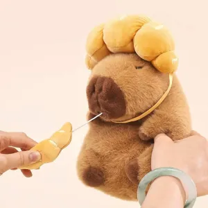Ditucu Capybara Plush with Croissant Headgear 9 inch Cute Pulling Capibara Stuffed Animal Soft Food Plushies Toys Gifts for Kids Adults Brown