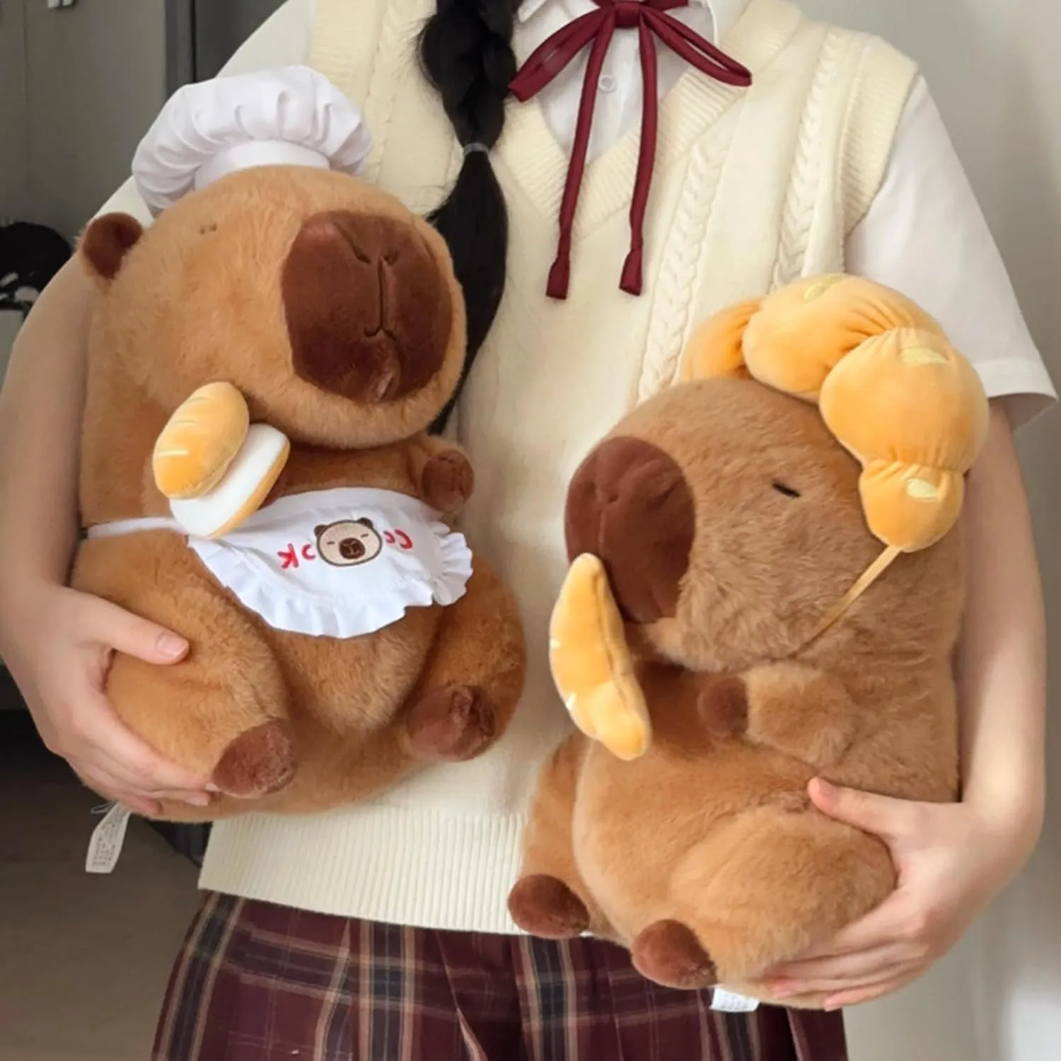 Ditucu Capybara Plush with Croissant Headgear 9 inch Cute Pulling Capibara Stuffed Animal Soft Food Plushies Toys Gifts for Kids Adults Brown