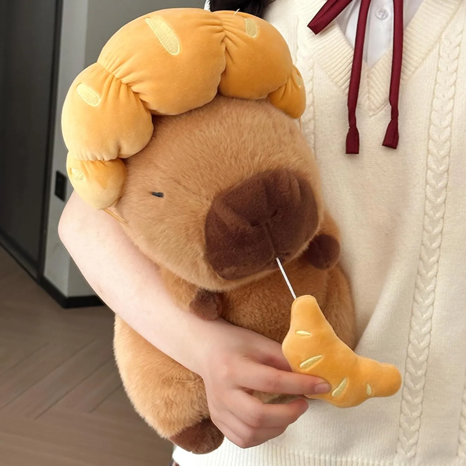 Ditucu Capybara Plush with Croissant Headgear 9 inch Cute Pulling Capibara Stuffed Animal Soft Food Plushies Toys Gifts for Kids Adults Brown